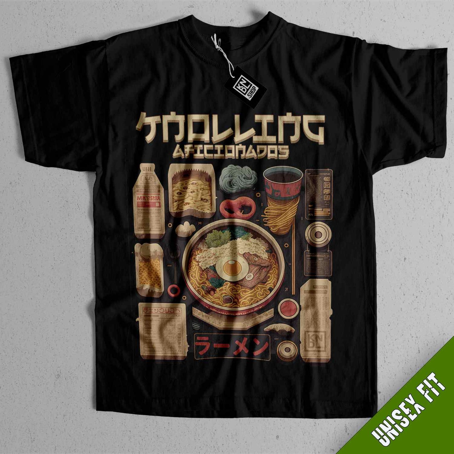 a black shirt with a picture of a plate of food