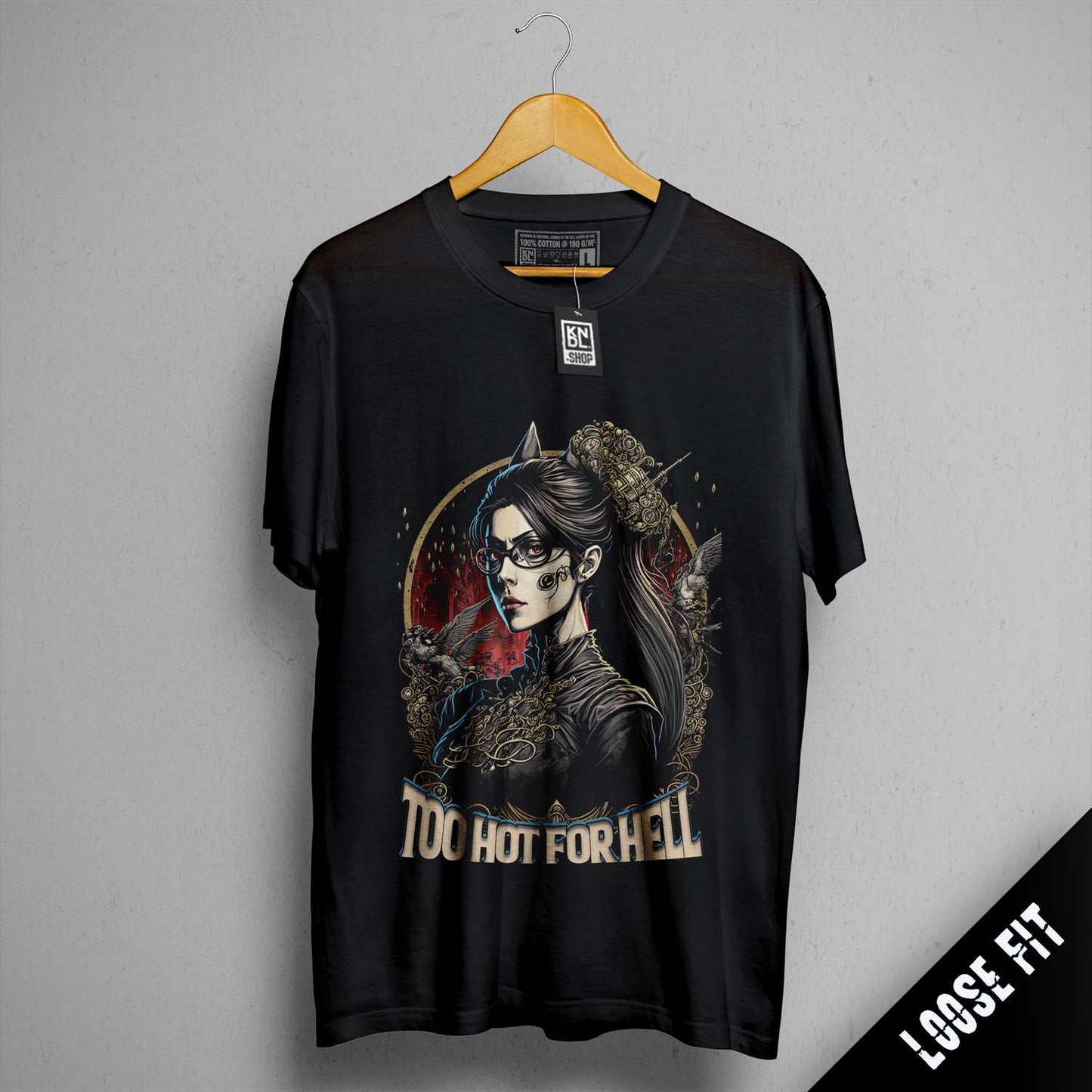 a black t - shirt with a picture of a woman holding a sword