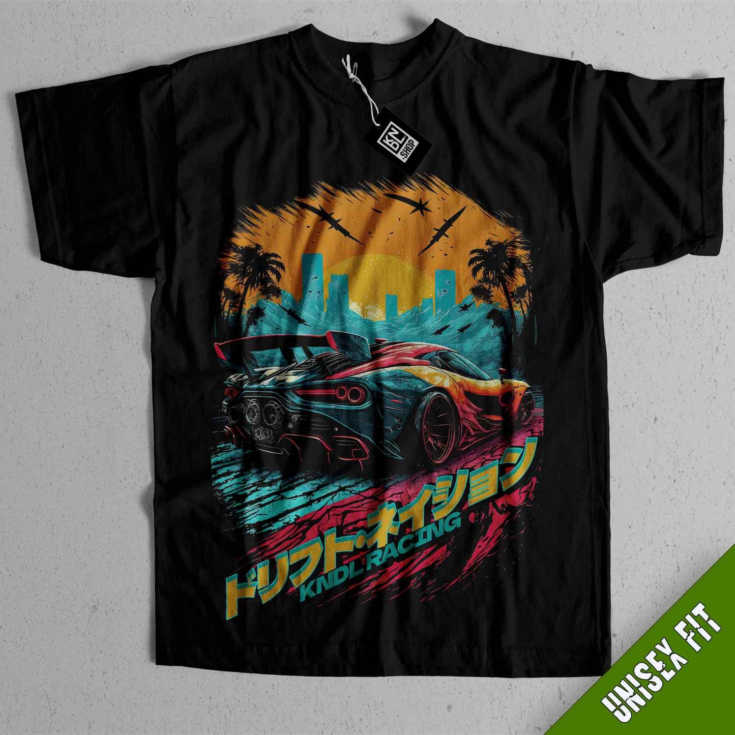 a black t - shirt with an image of a car on it