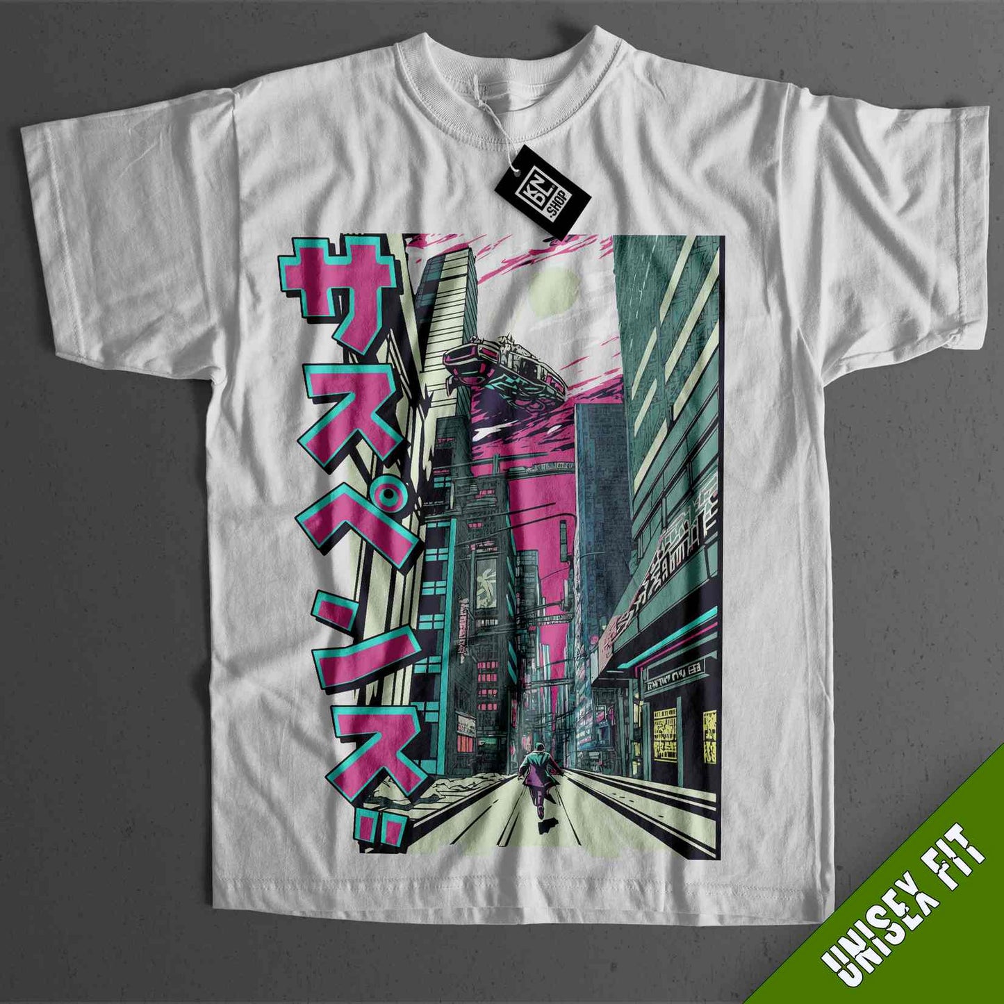 a white t - shirt with a picture of a city