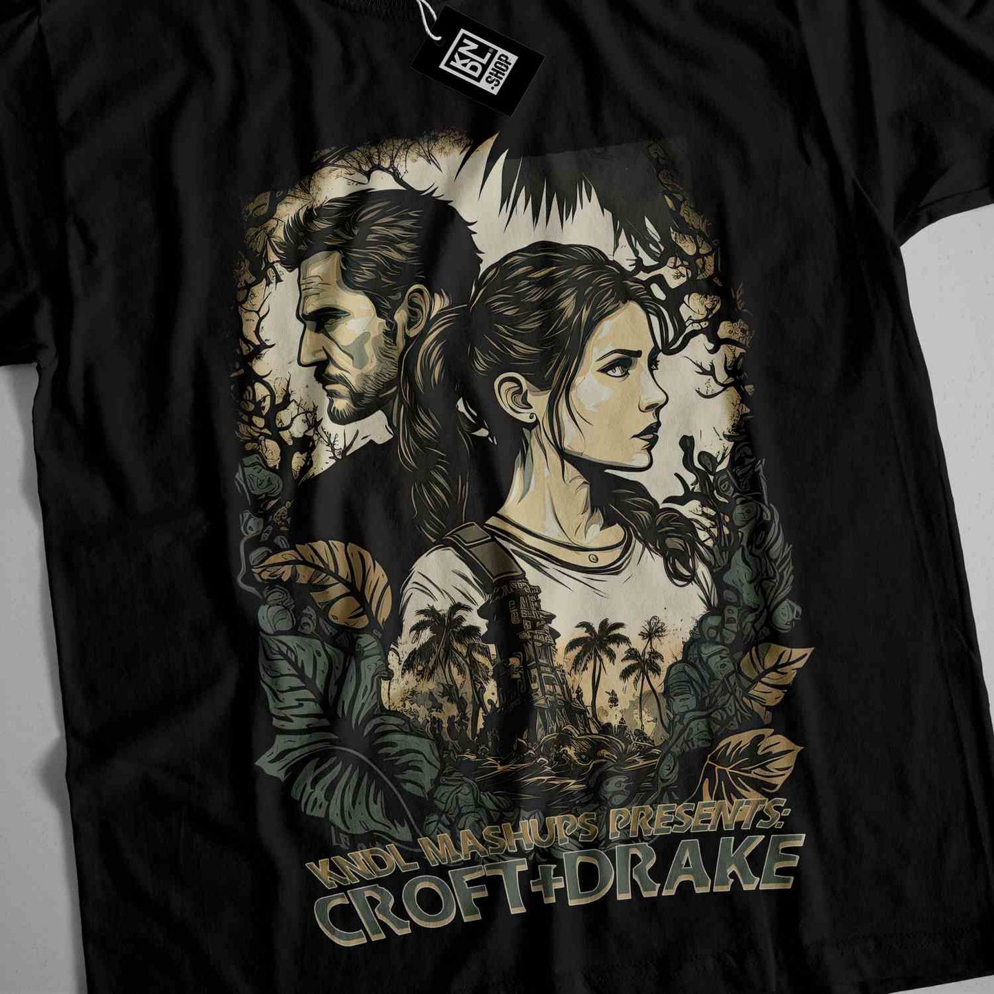 a black shirt with a picture of a woman and a man