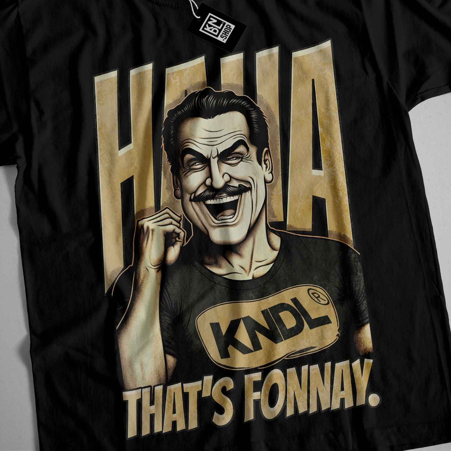 a black t - shirt with a picture of a man holding a fist