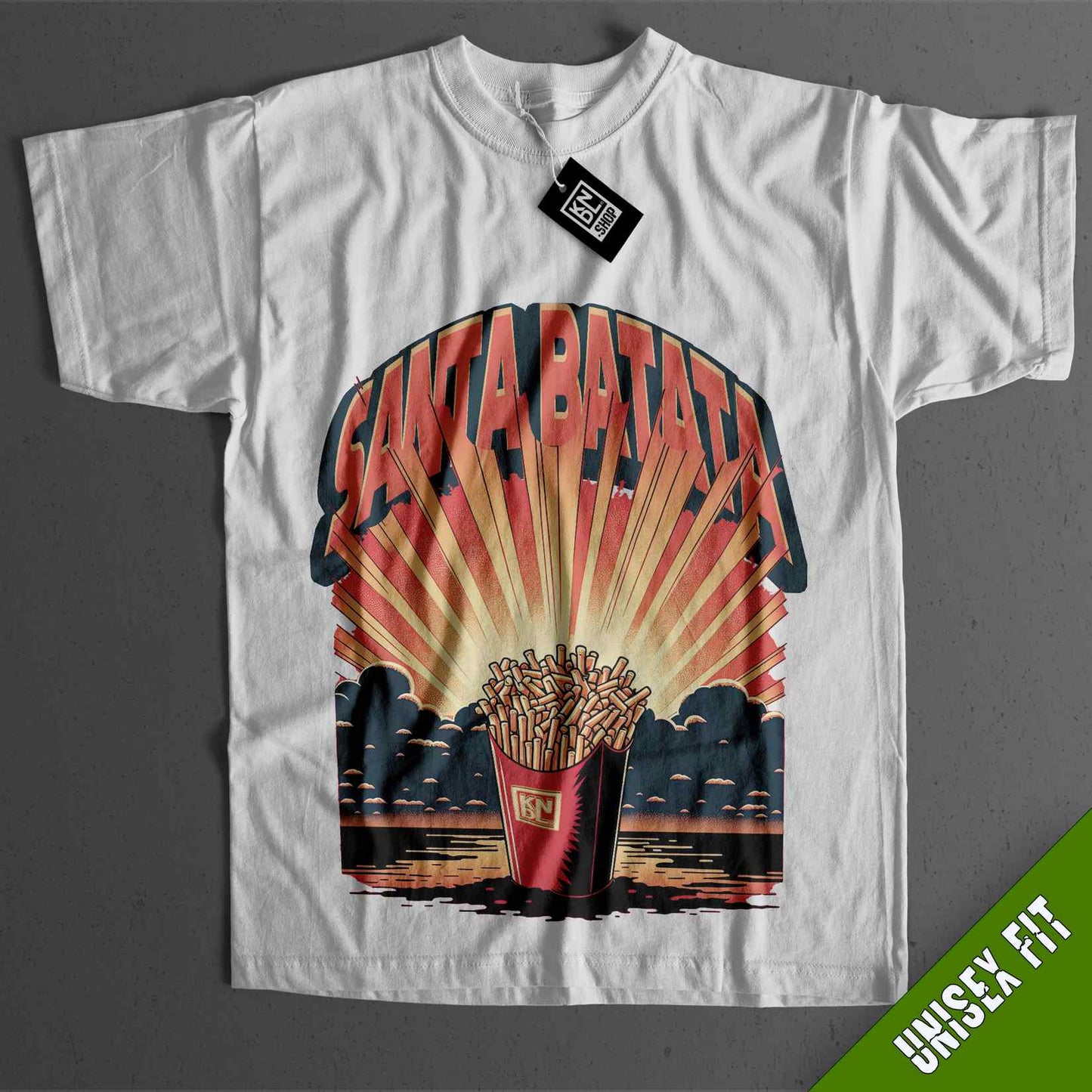 a white t - shirt with a picture of a basket of fries on it