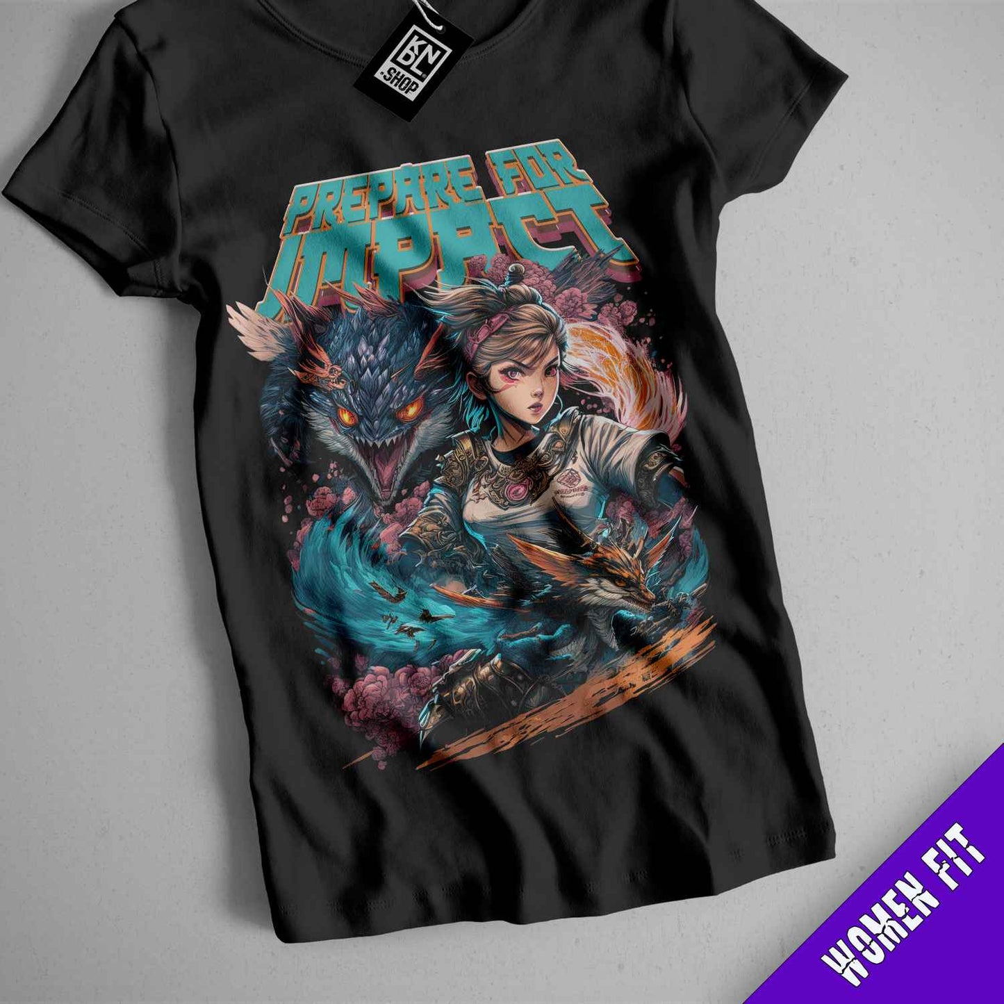 a black t - shirt with an image of a woman holding a sword