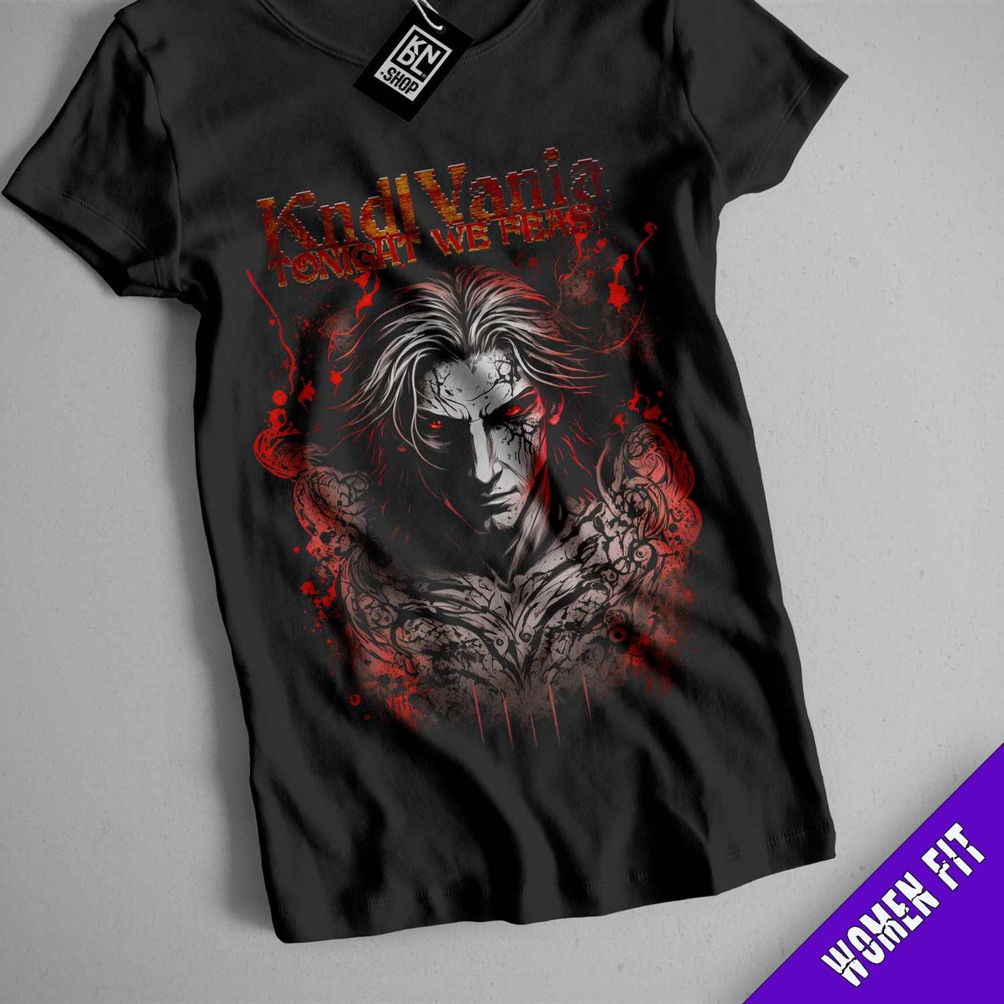 a black t - shirt with a picture of a demon on it