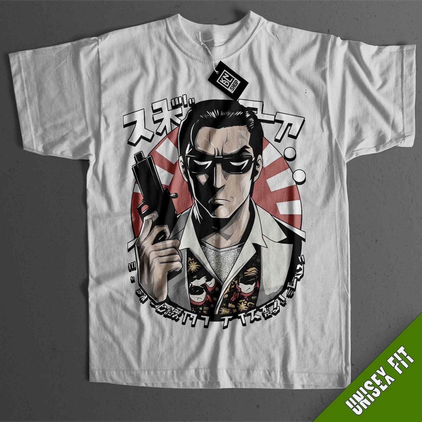 a t - shirt with an image of a man holding a gun