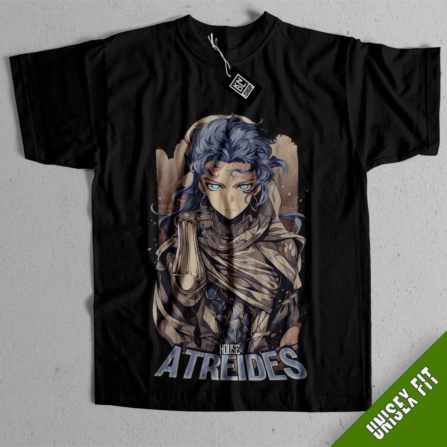 a black t - shirt with an image of a man with blue hair
