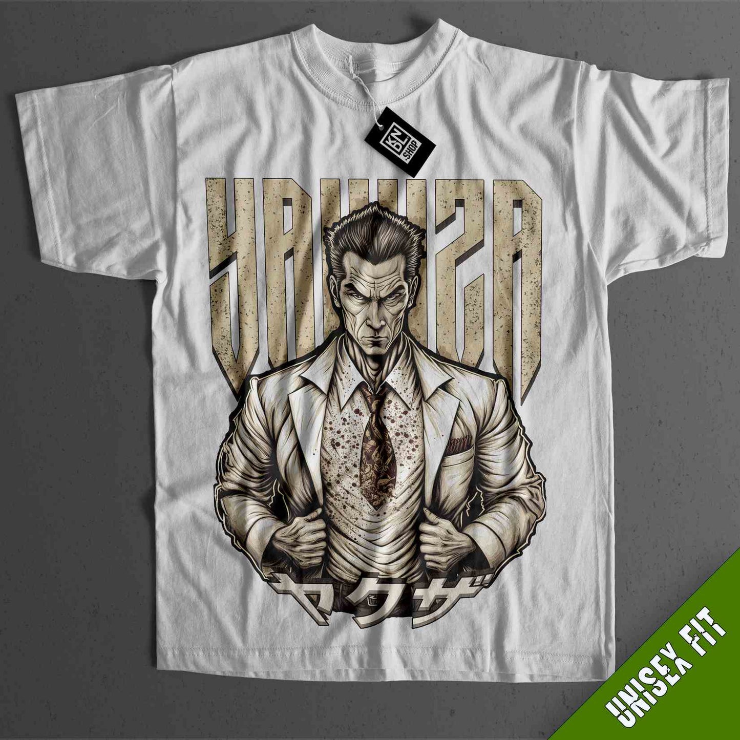 a white shirt with a picture of a man in a suit