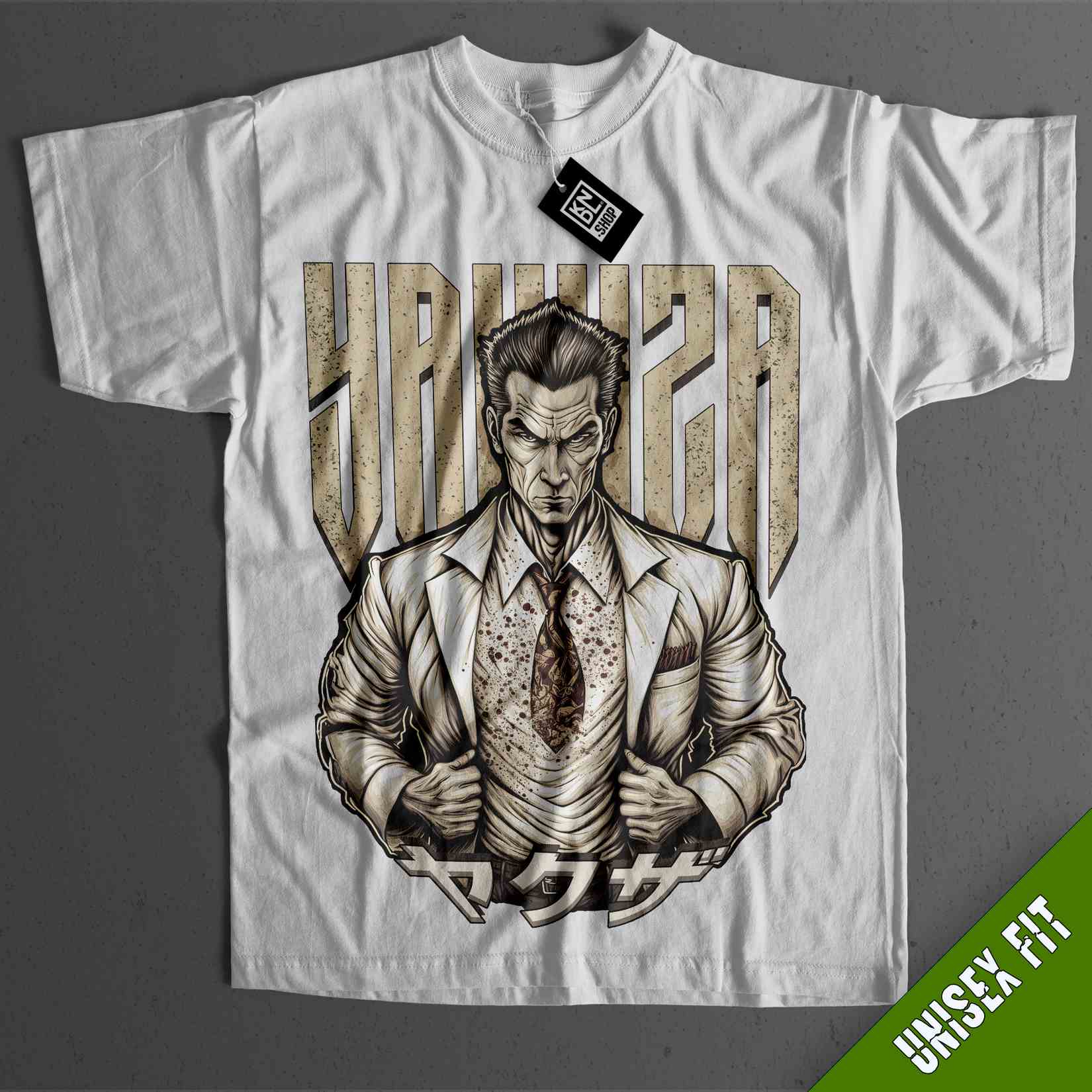 a white shirt with a picture of a man in a suit