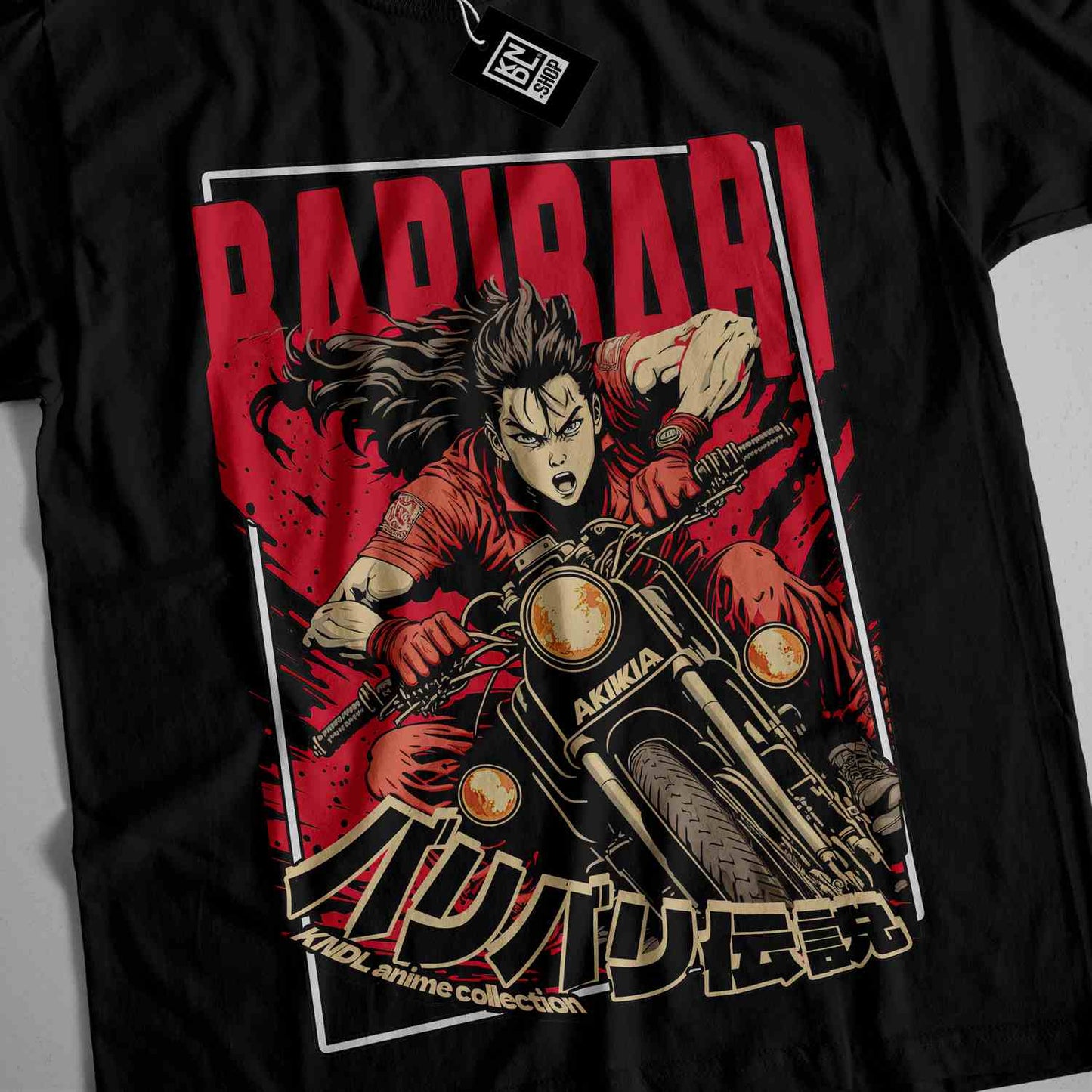 a black shirt with a picture of a man riding a motorcycle