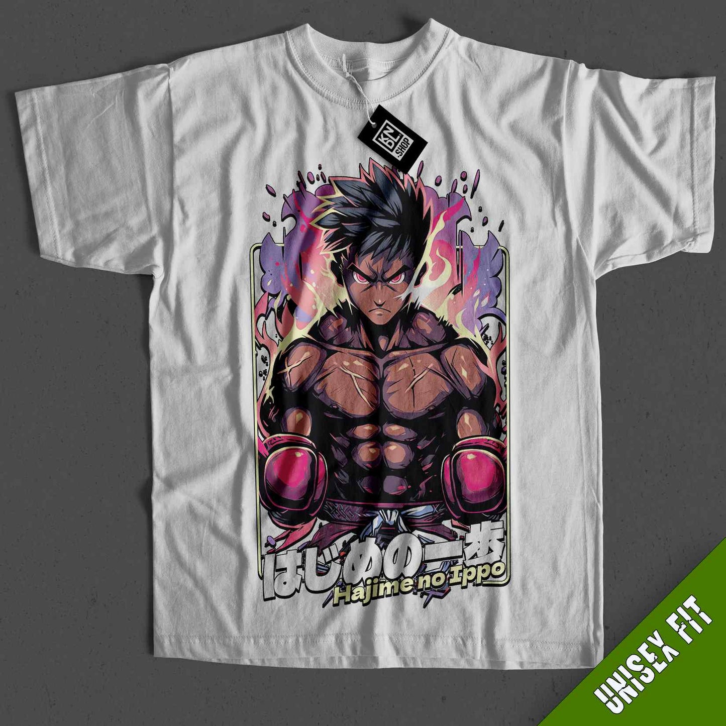 a white t - shirt with a picture of a man in a boxing stance