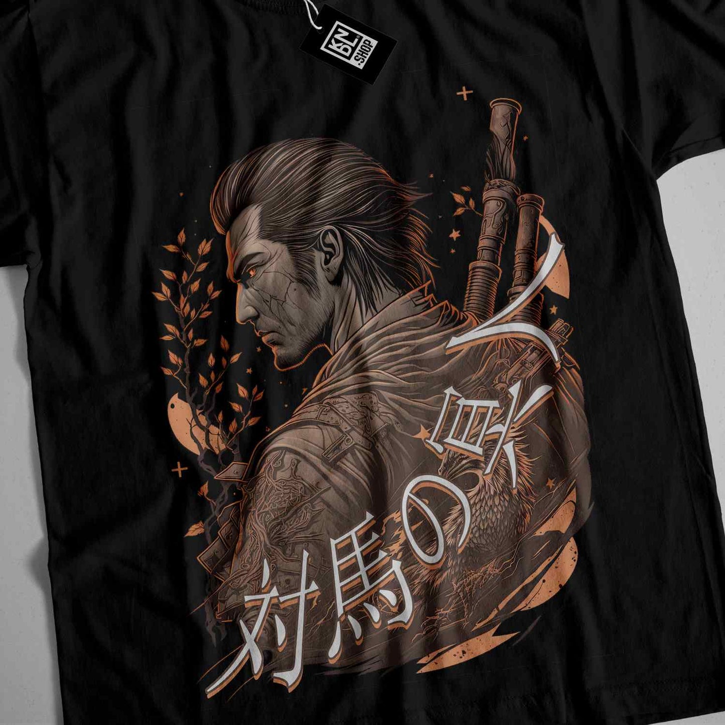 a black shirt with a picture of a man holding a sword