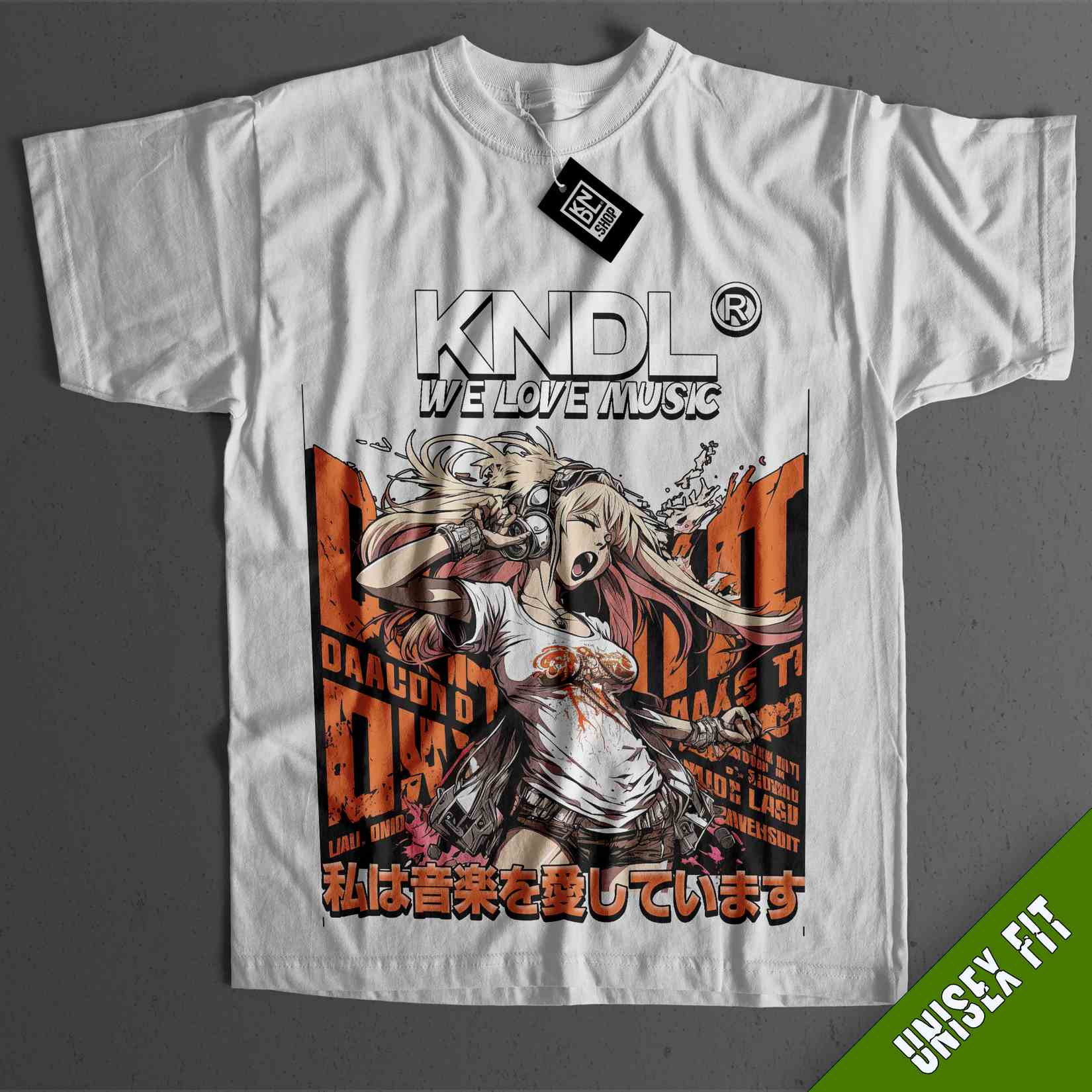 a white t - shirt with an image of a girl holding a gun
