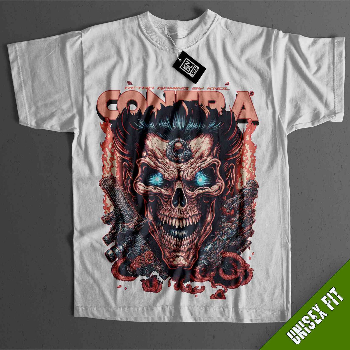 a white shirt with a skull and guns on it