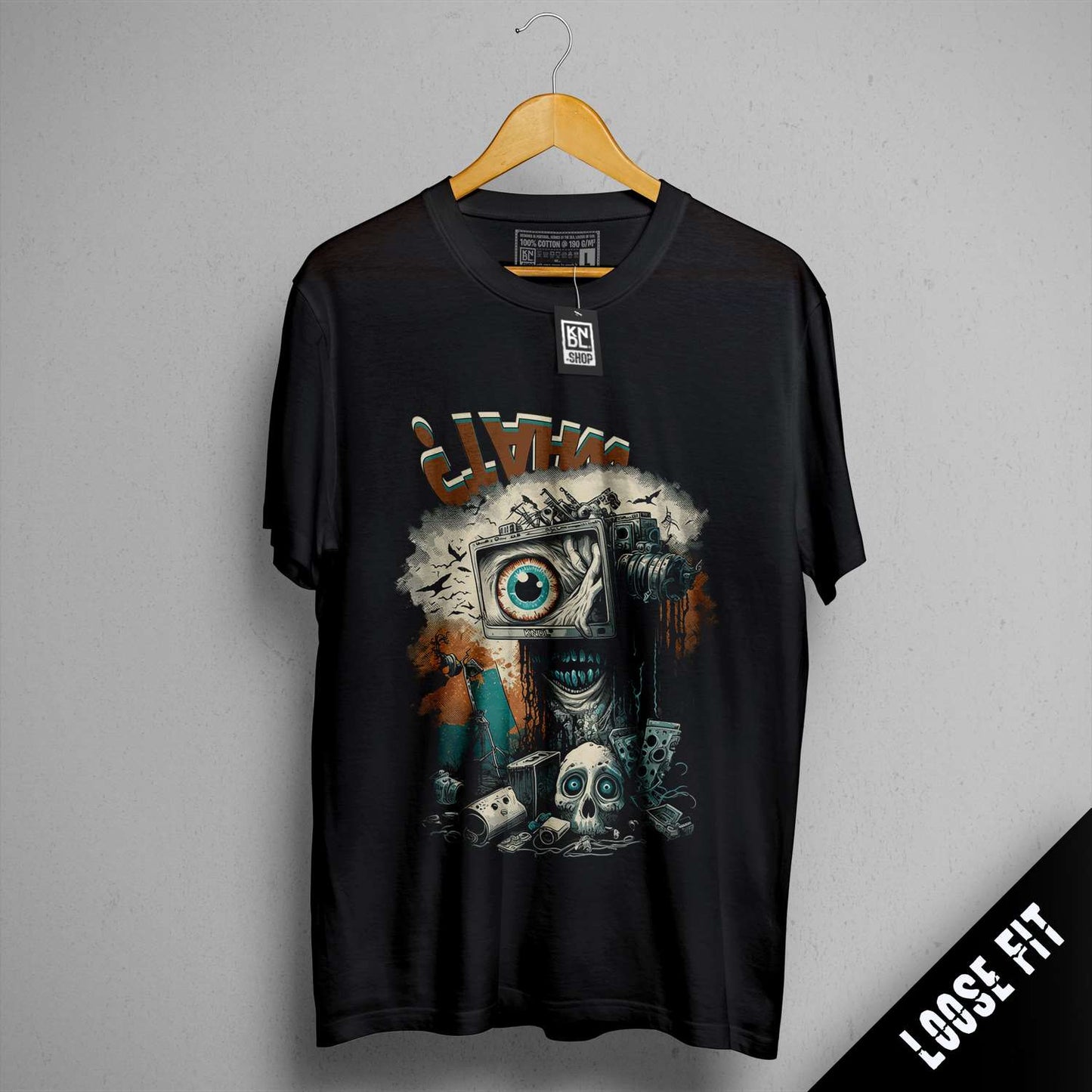 a black shirt with a picture of a camera and a skull