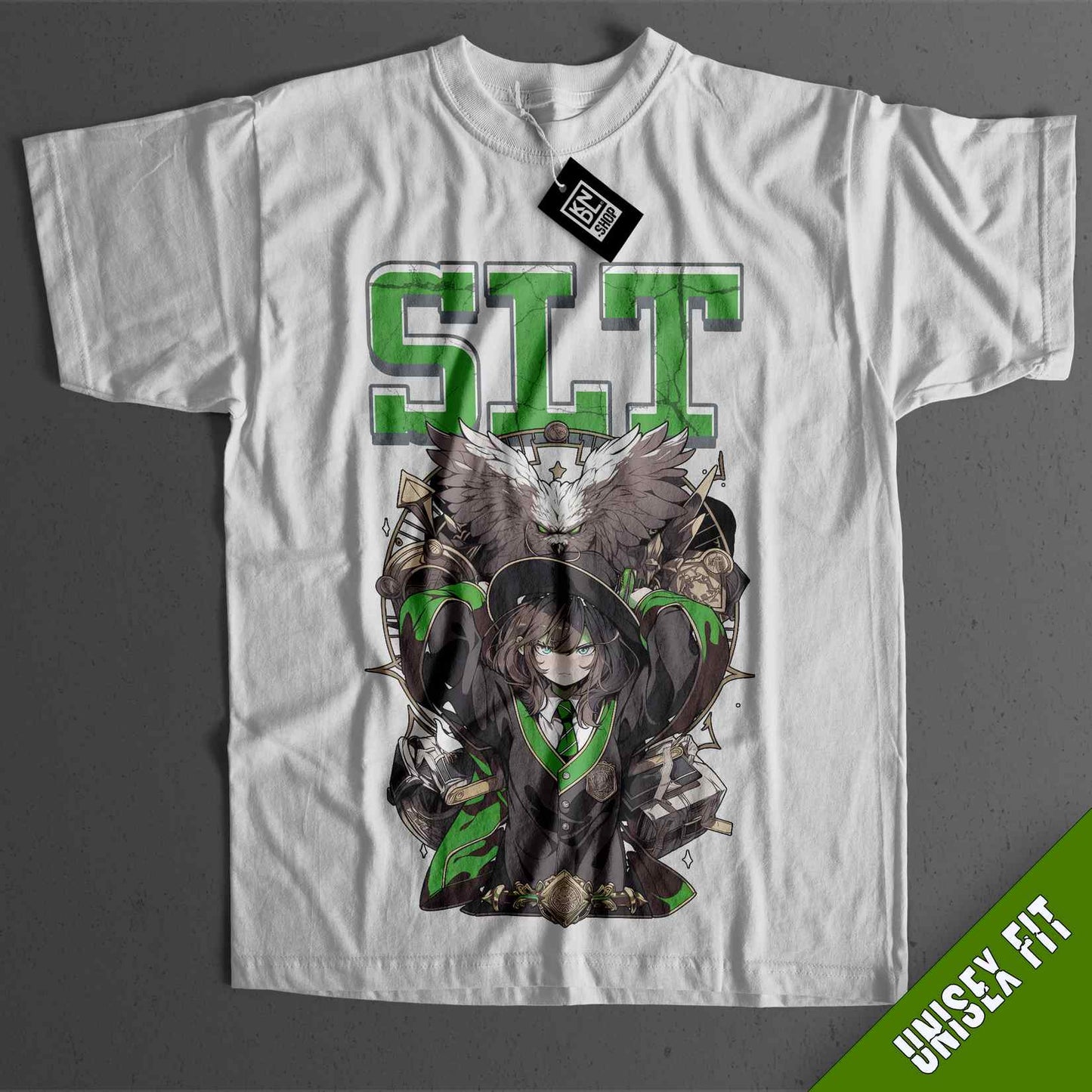 a white t - shirt with a green and black design on it
