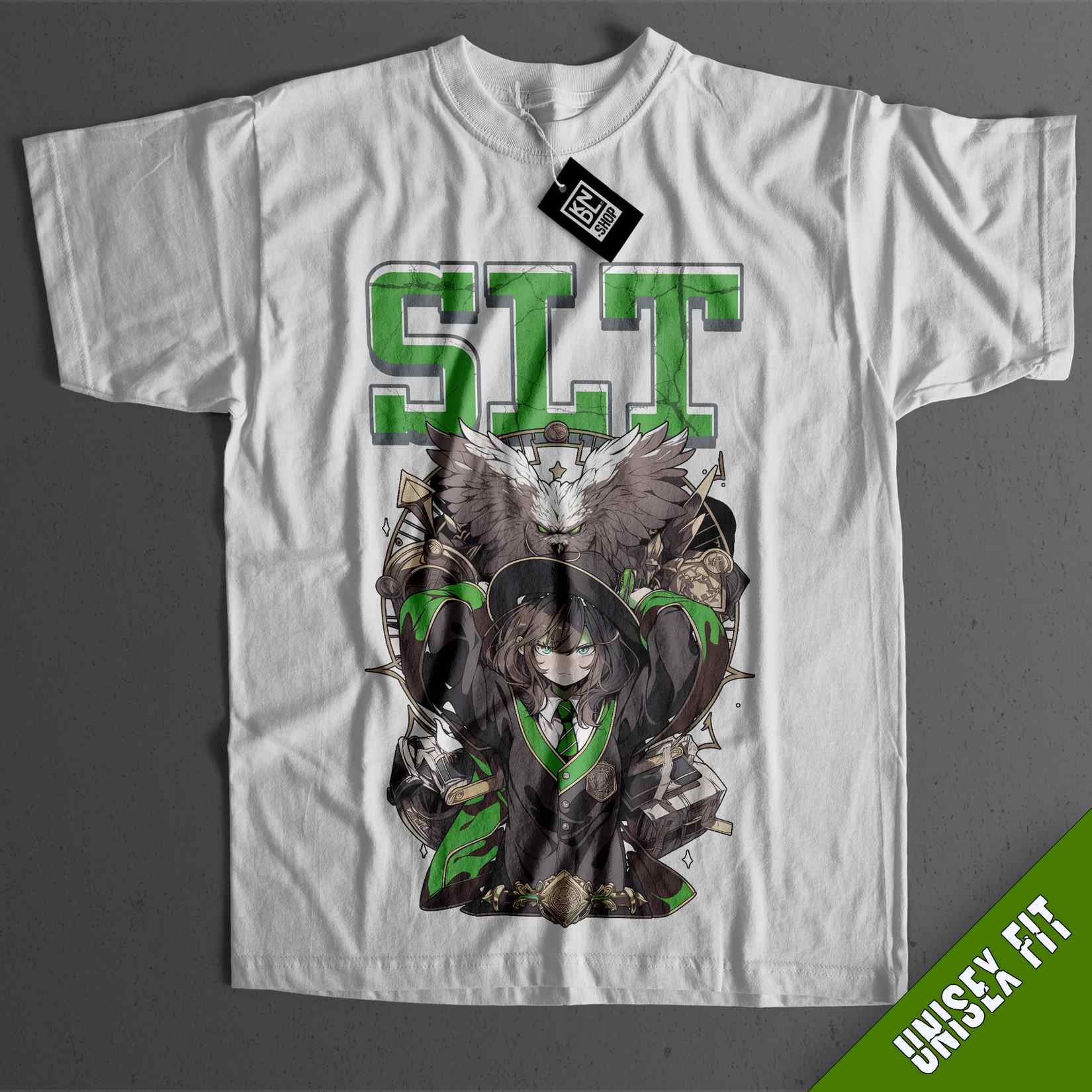 a white t - shirt with a green and black design on it
