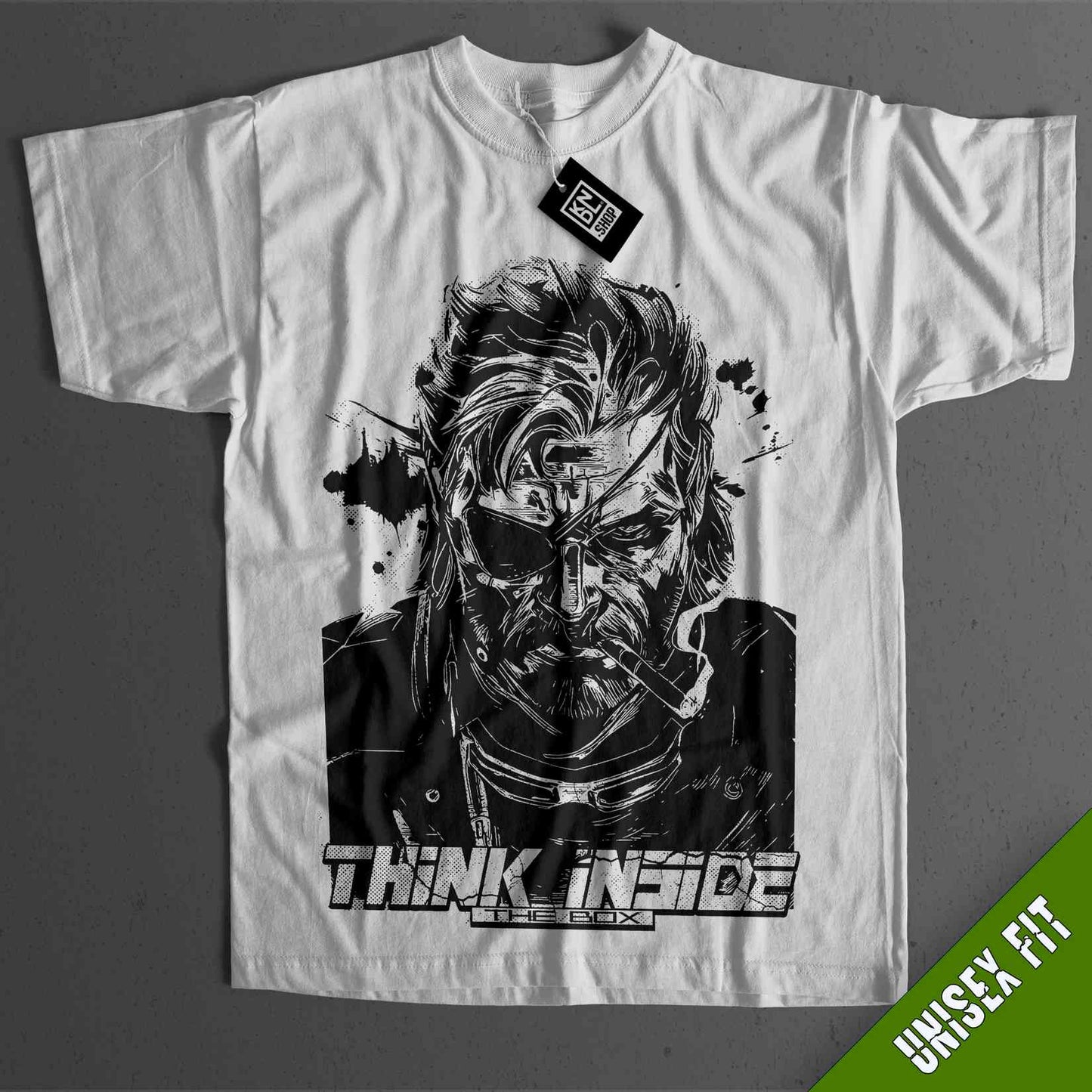 a white t - shirt with an image of a man with a gun on it