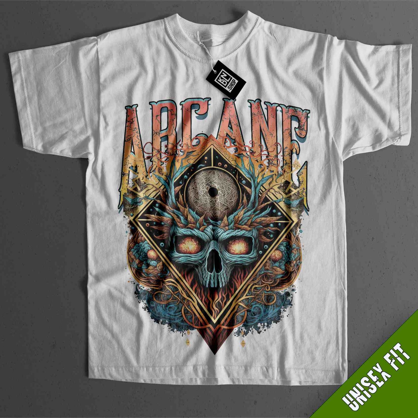 a white t - shirt with a skull on it