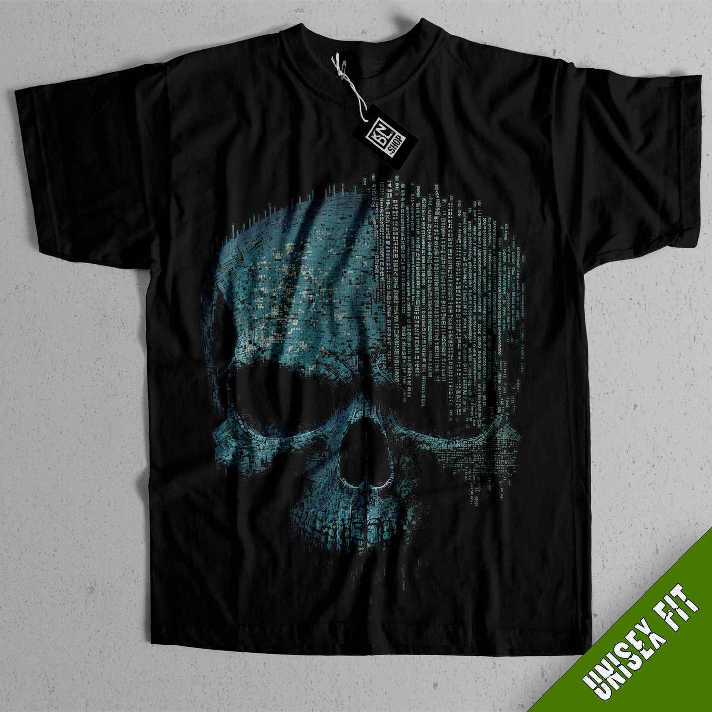 a black t - shirt with a blue skull on it
