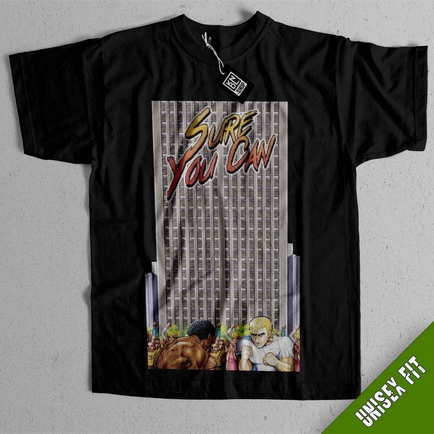 a black t - shirt with a picture of a man and a woman on it