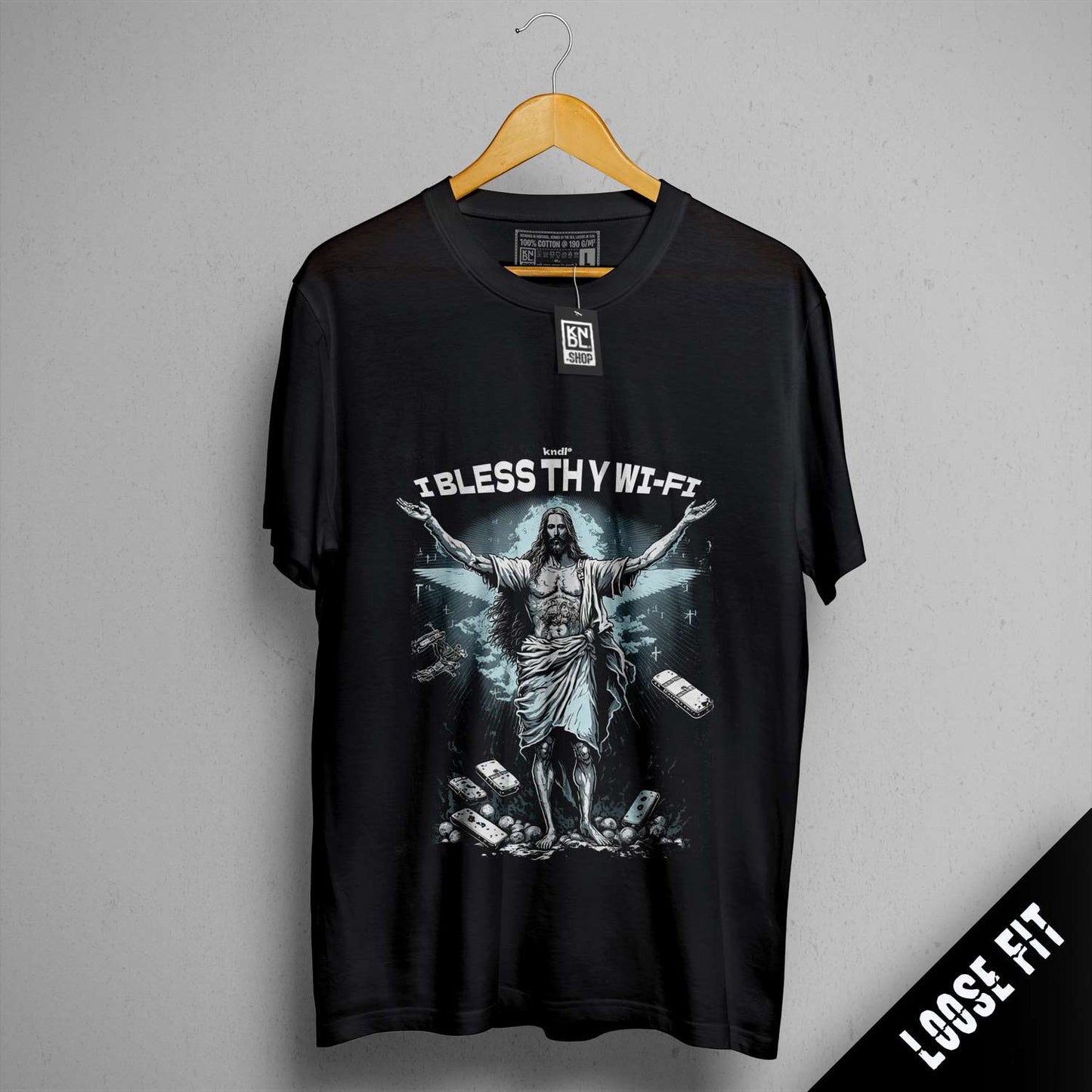a black shirt with a picture of jesus on it
