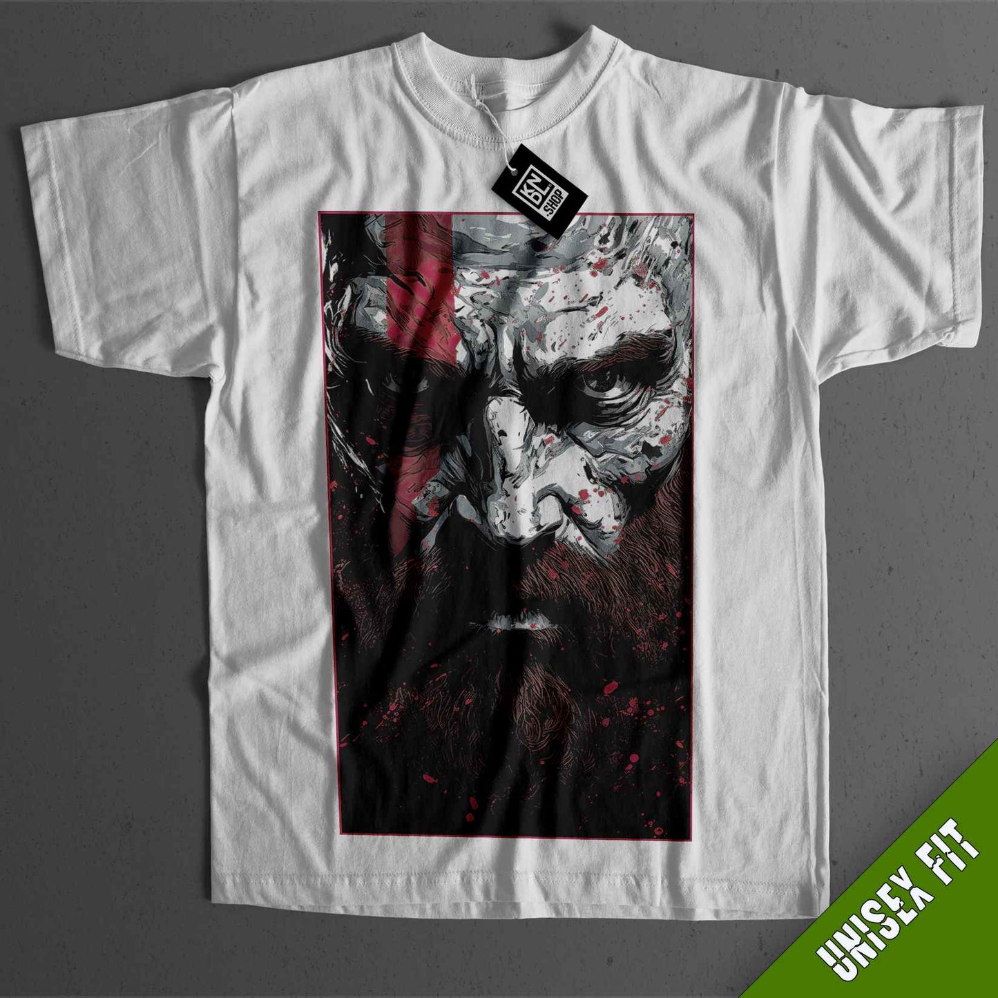 a white t - shirt with a picture of a man with a beard