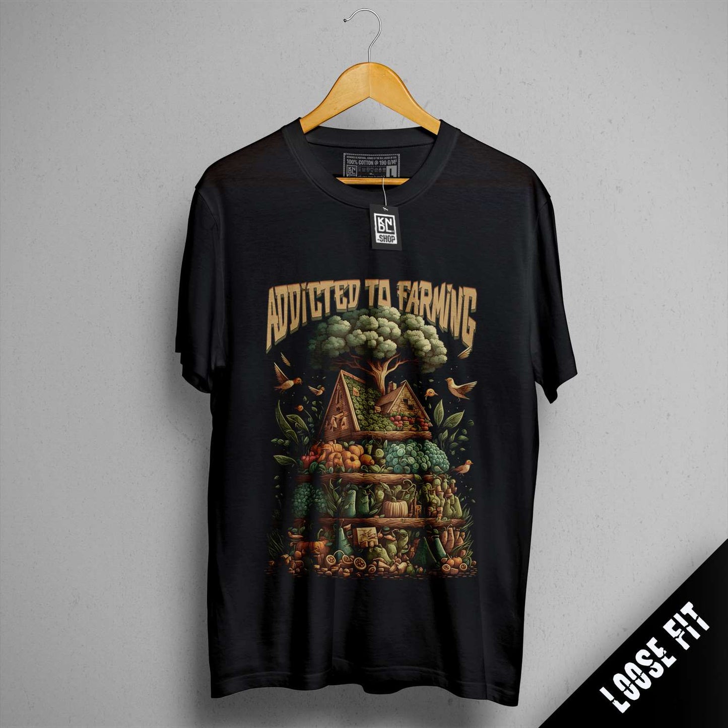 a black t - shirt with a picture of a house on it