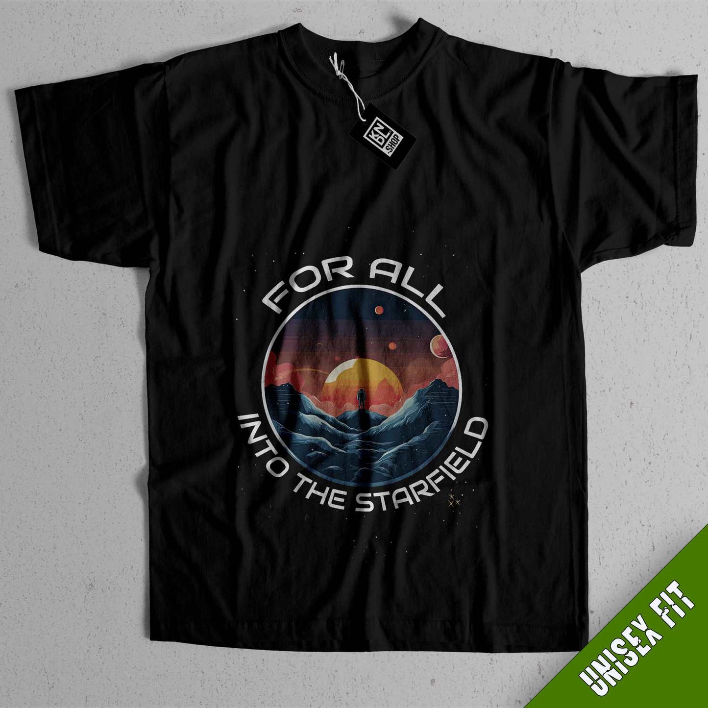 a black t - shirt with the words for all to the started on it