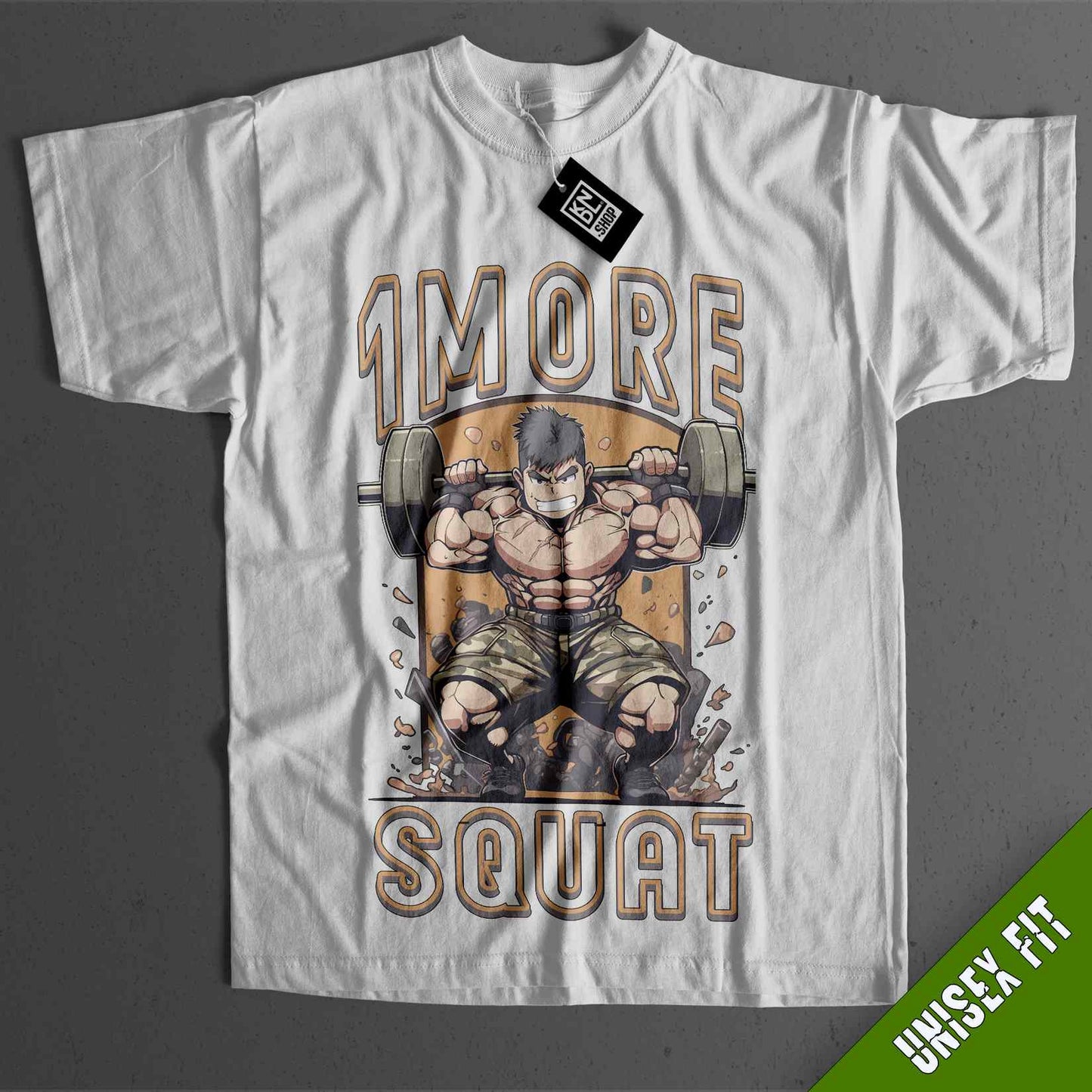 a white t - shirt with an image of a man lifting a barbell