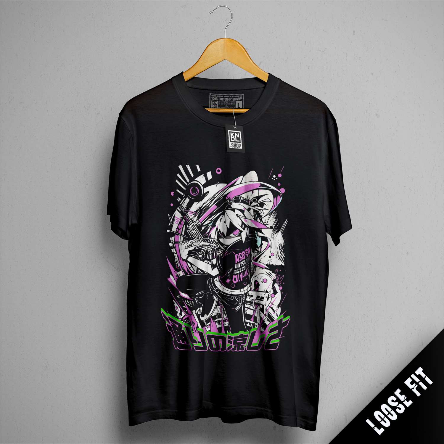 a black t - shirt with a picture of a girl on it