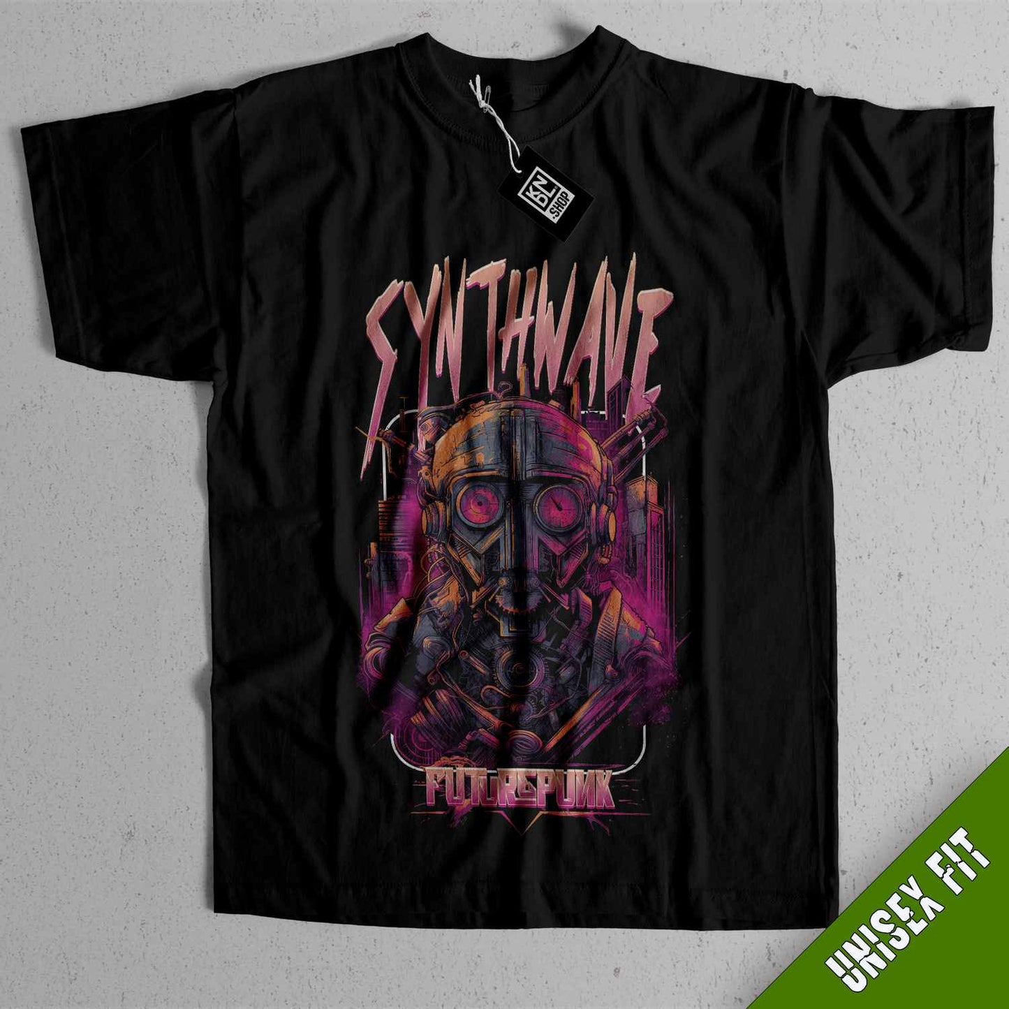 a black shirt with a picture of a man in a gas mask