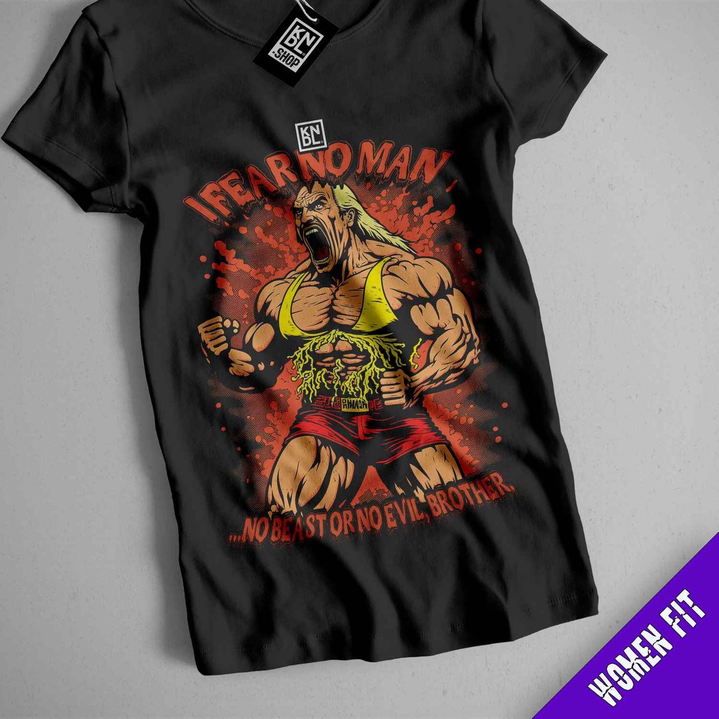 a black shirt with a picture of a wrestler on it