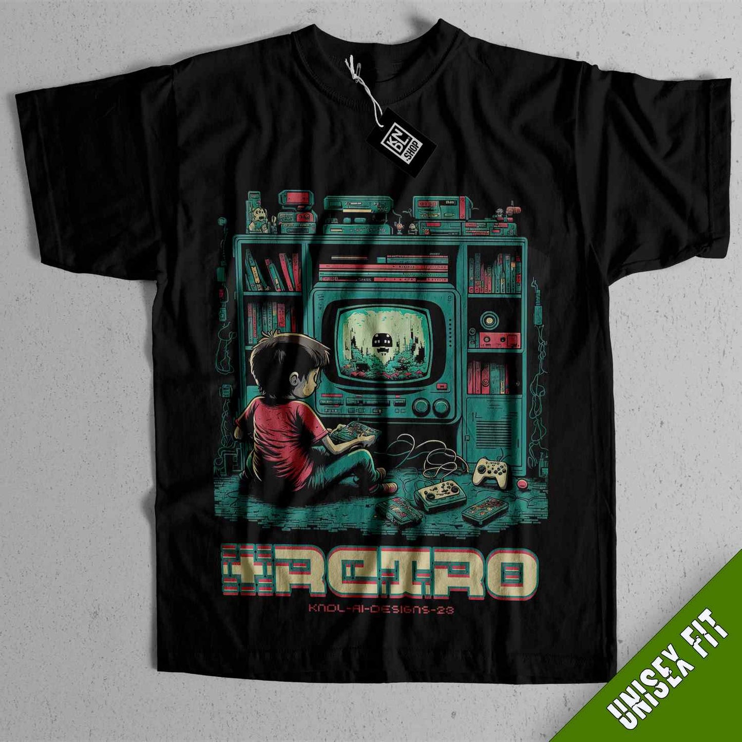 a black t - shirt with an image of a boy and a cat on a