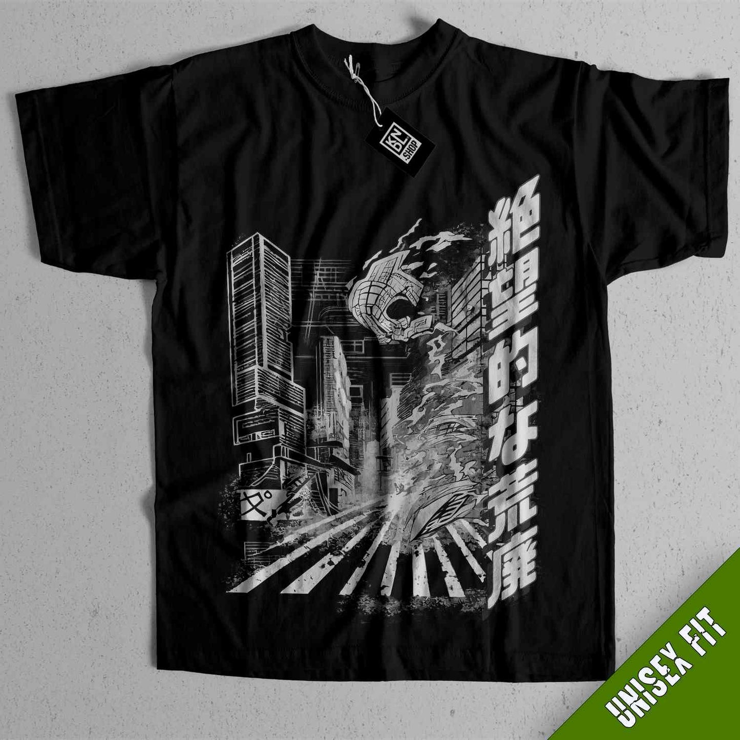 a black t - shirt with a picture of a city on it