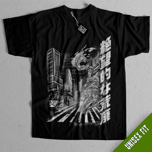 a black t - shirt with a picture of a city on it