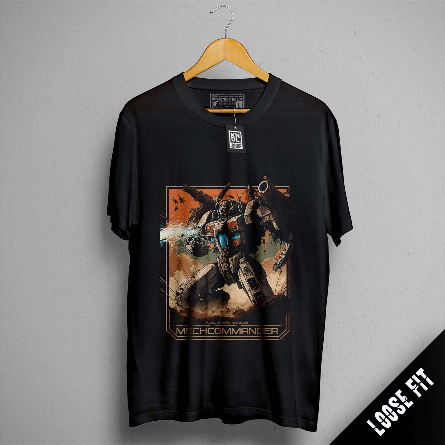 a black t - shirt with a picture of a robot on it