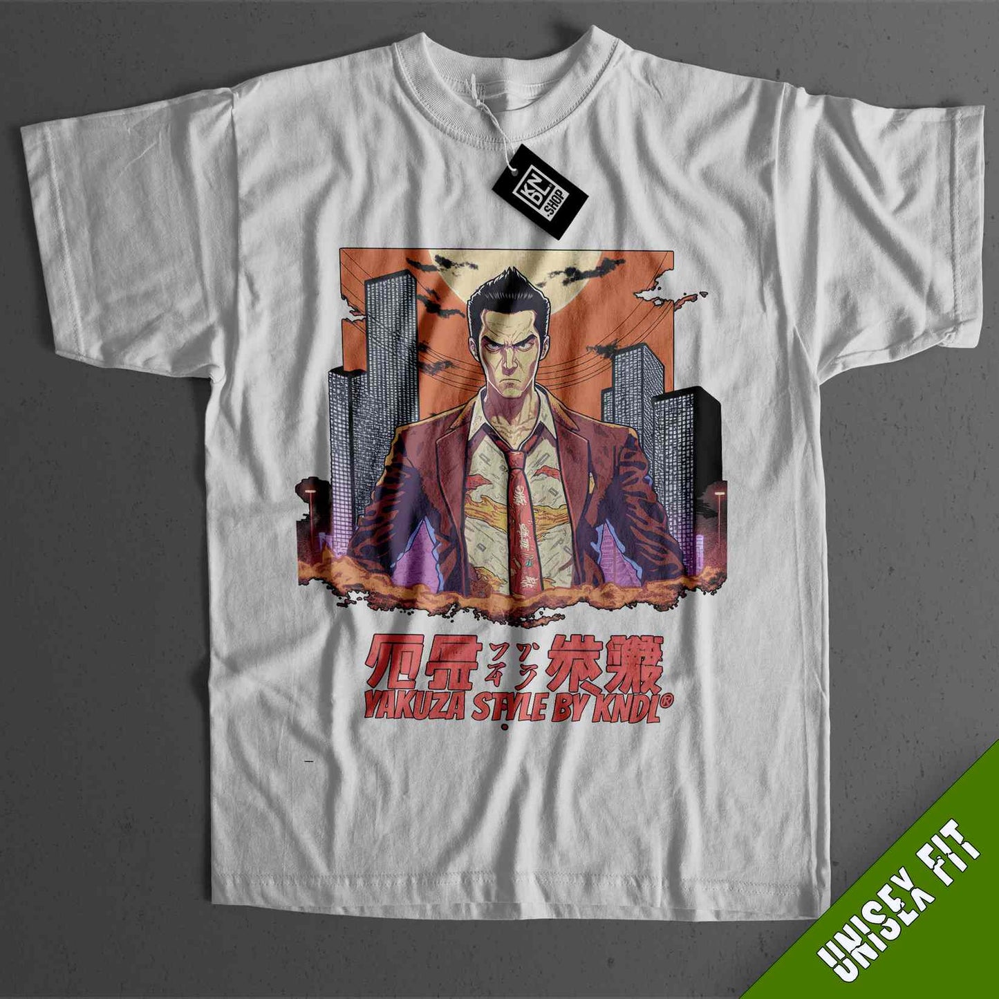 a white t - shirt with a picture of a man in a suit on it