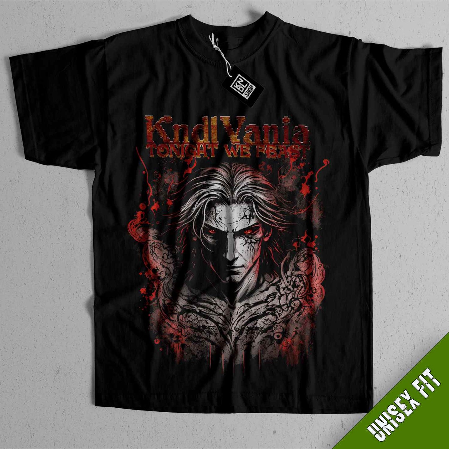 a black t - shirt with a picture of a demon on it