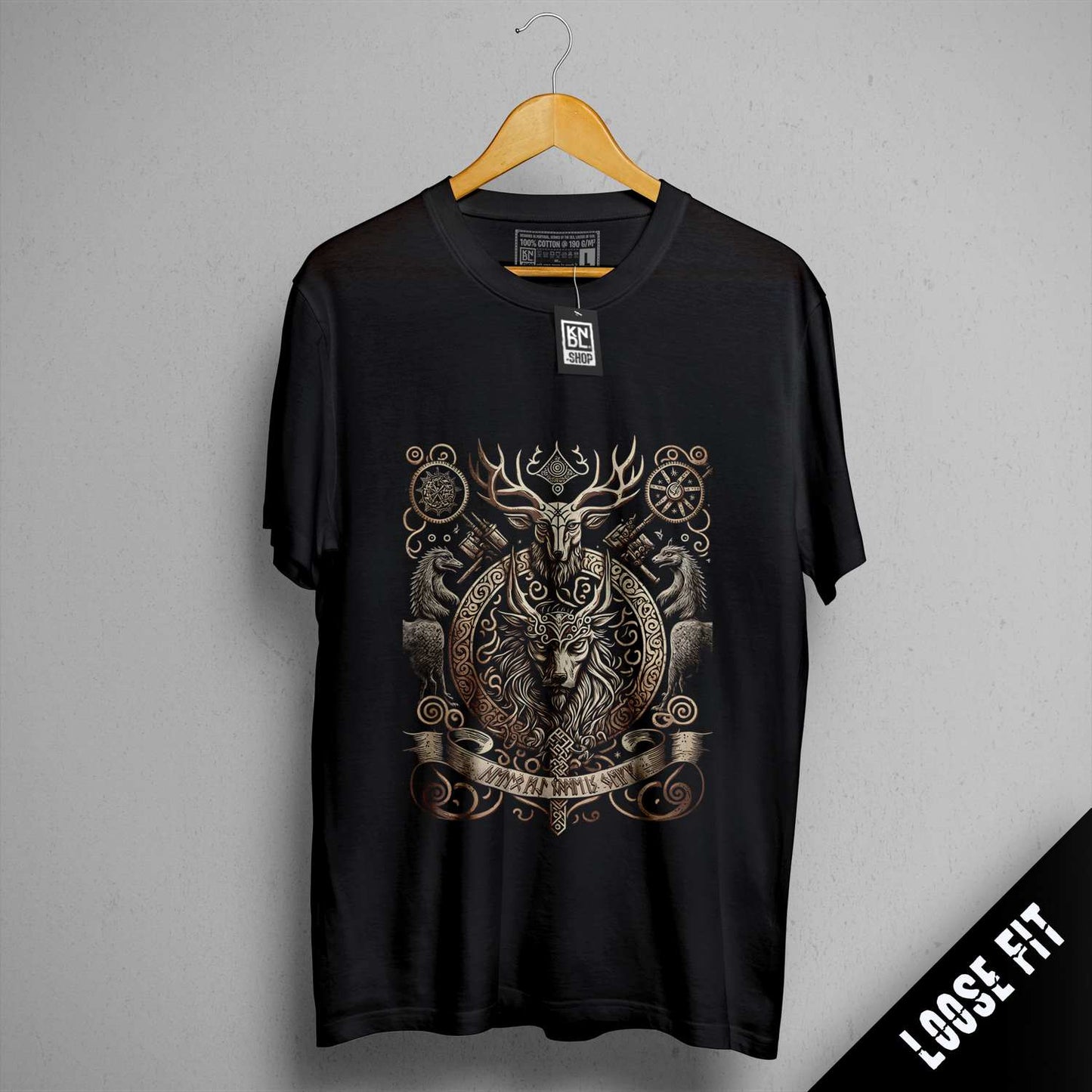 a black t - shirt with a picture of a deer on it