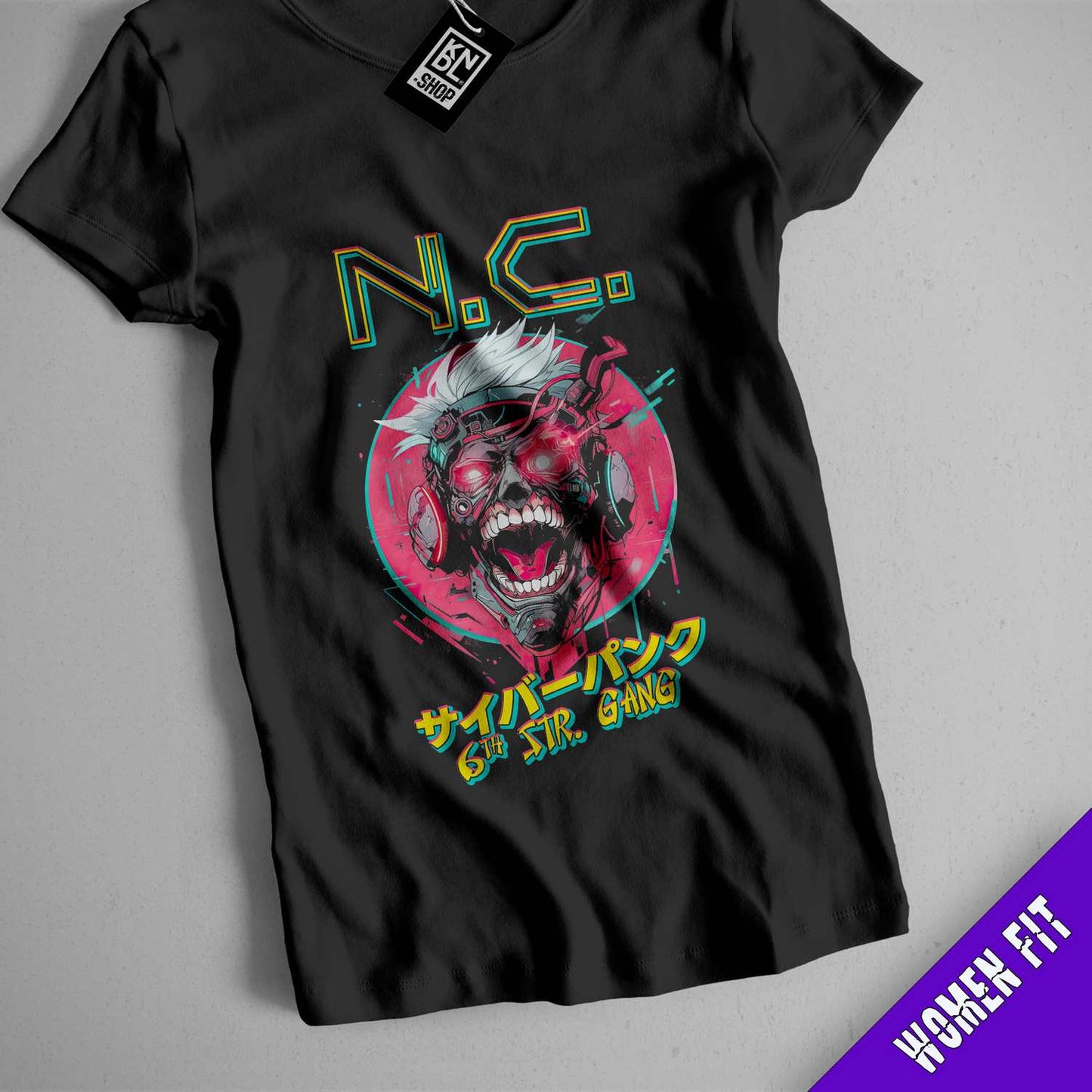 a black shirt with a picture of a demon on it