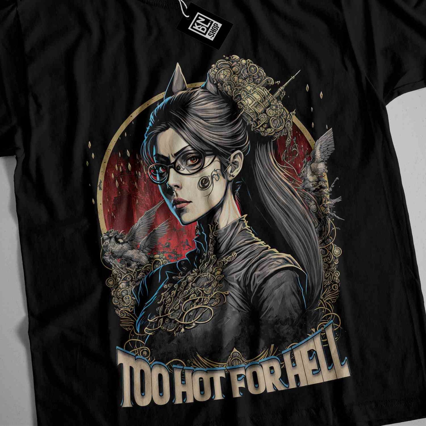 a black t - shirt with a picture of a woman wearing glasses