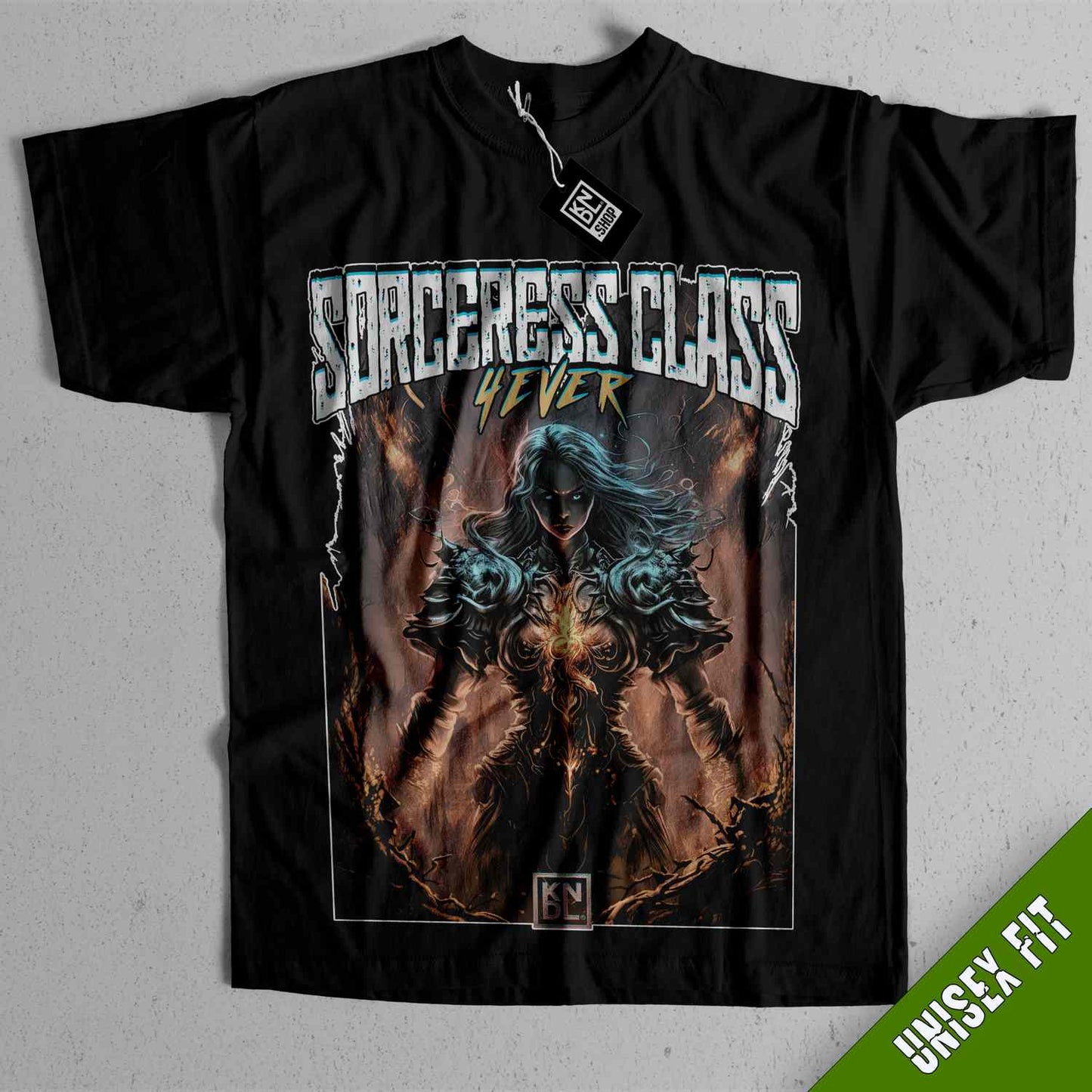 a black shirt with a picture of a woman holding a sword