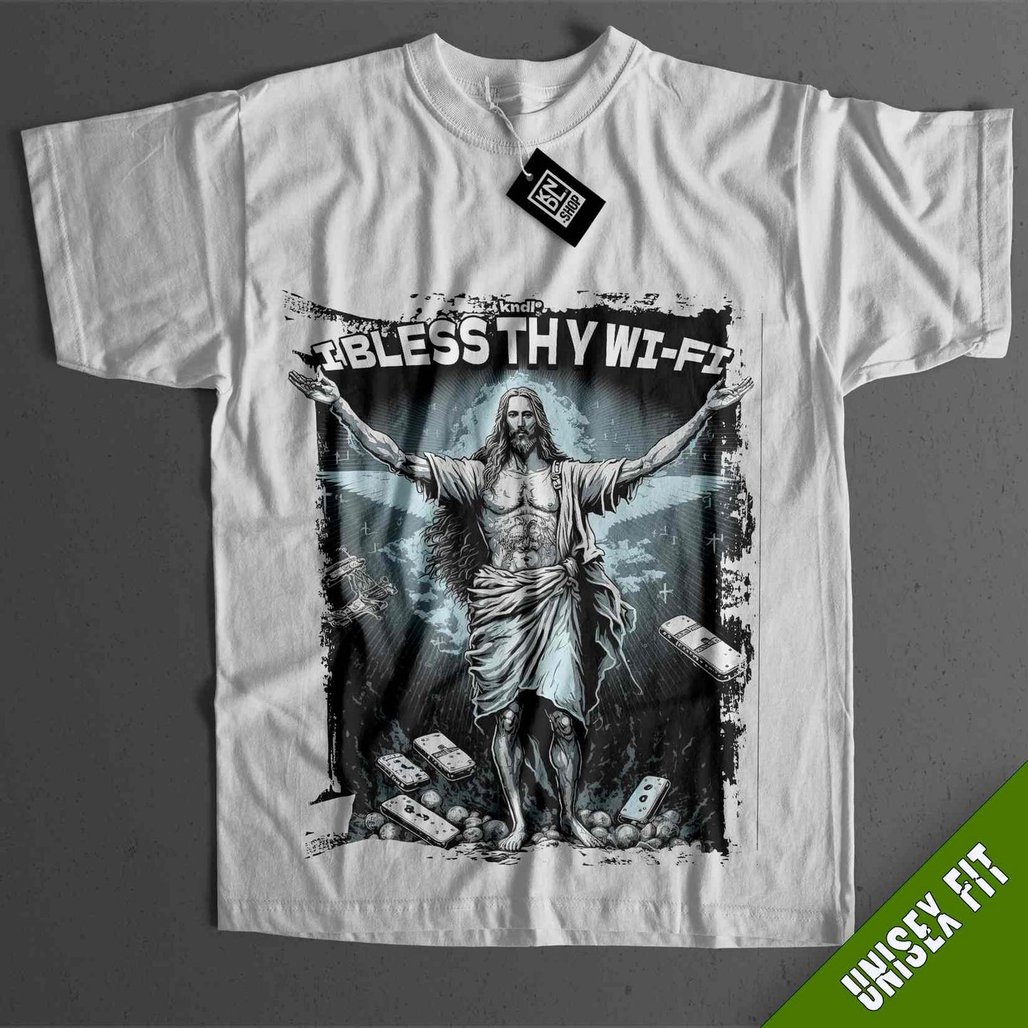 a white t - shirt with a picture of jesus on it