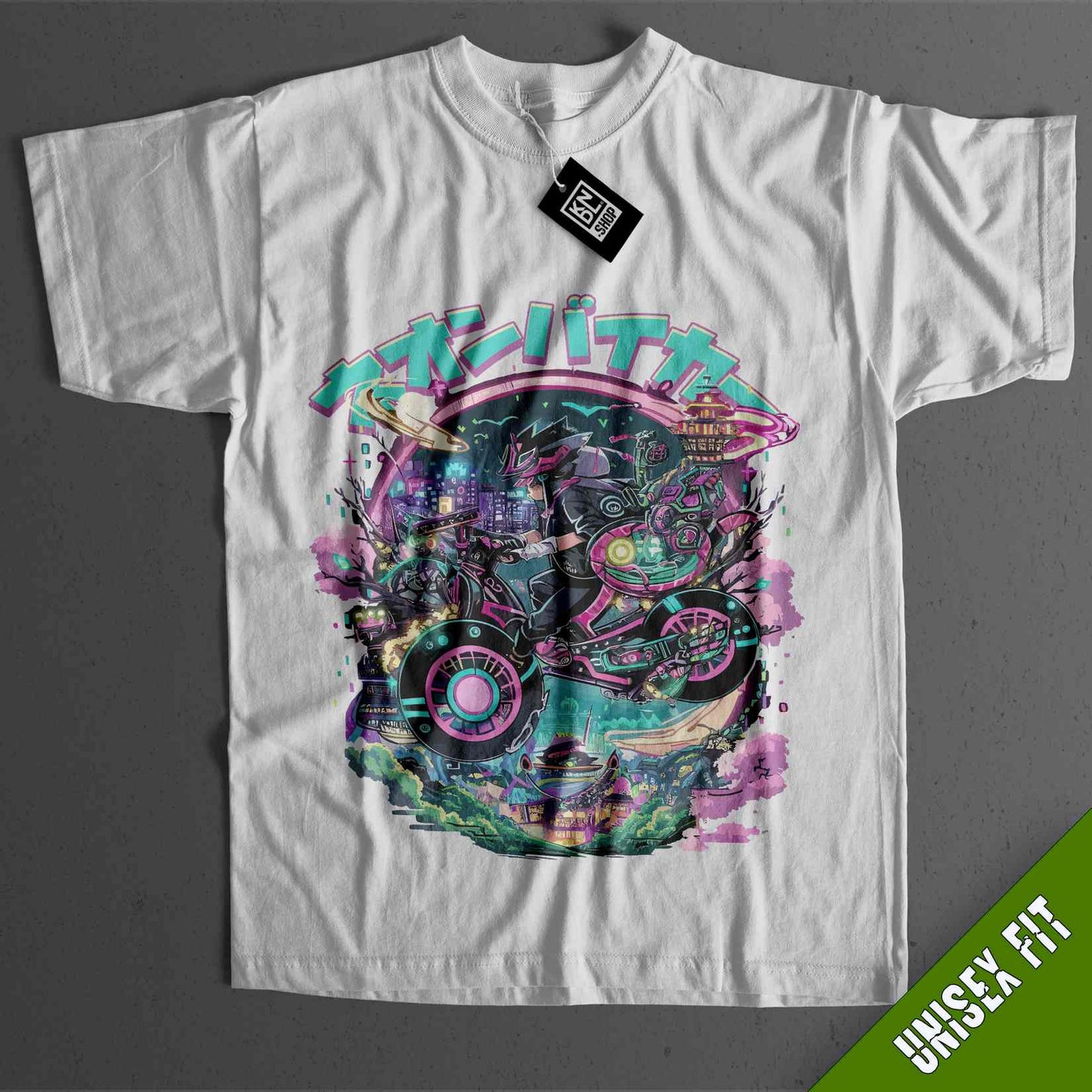 a white t - shirt with a picture of a cat on it