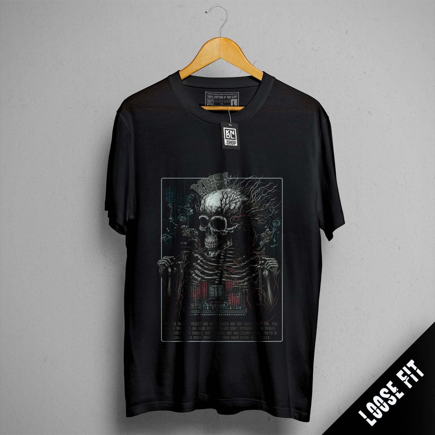 a black t - shirt with a skeleton on it
