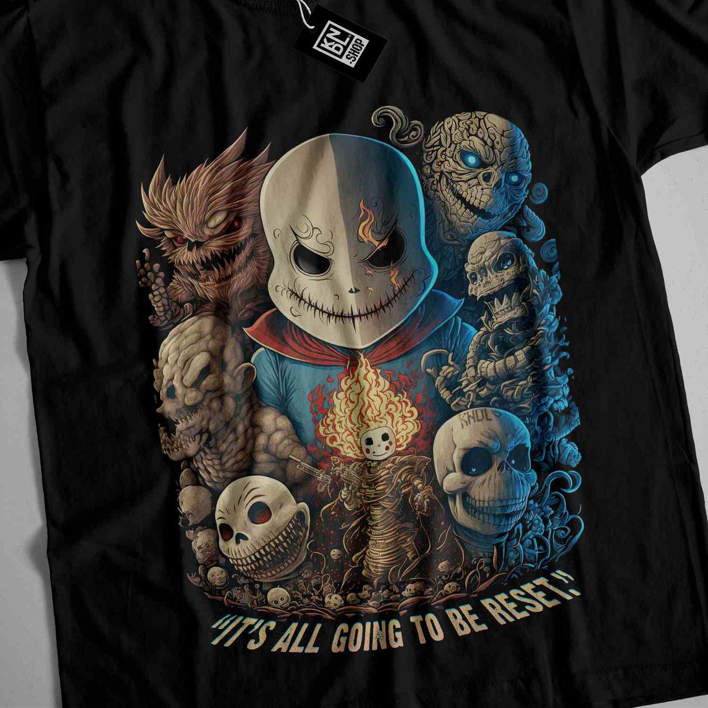 a black t - shirt with a picture of a skeleton surrounded by skulls