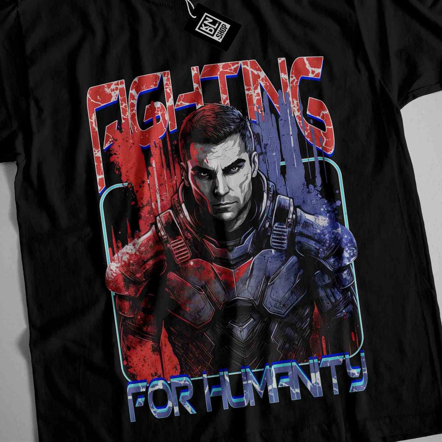 a black shirt with a picture of a man holding a gun