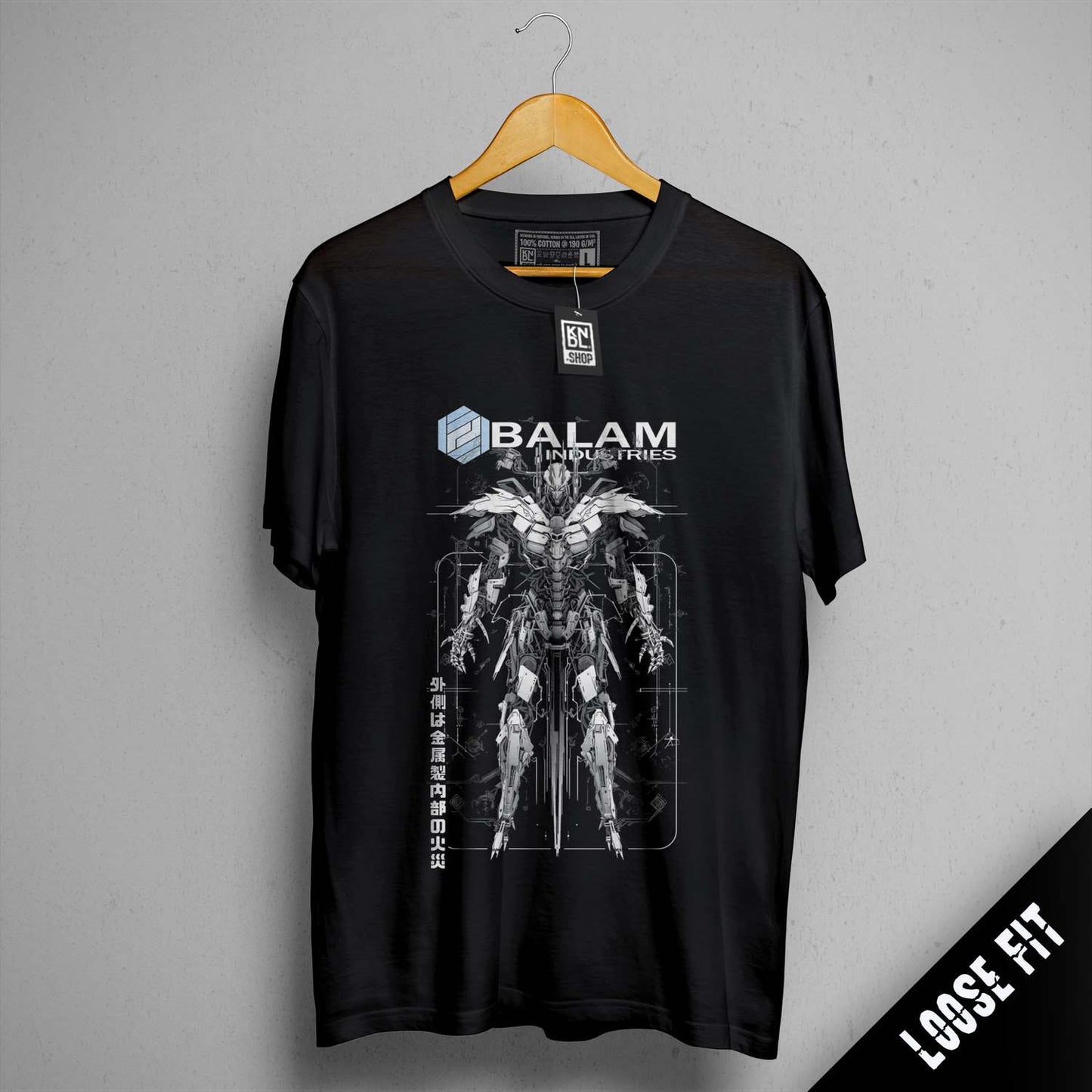 a black shirt with a picture of a robot on it