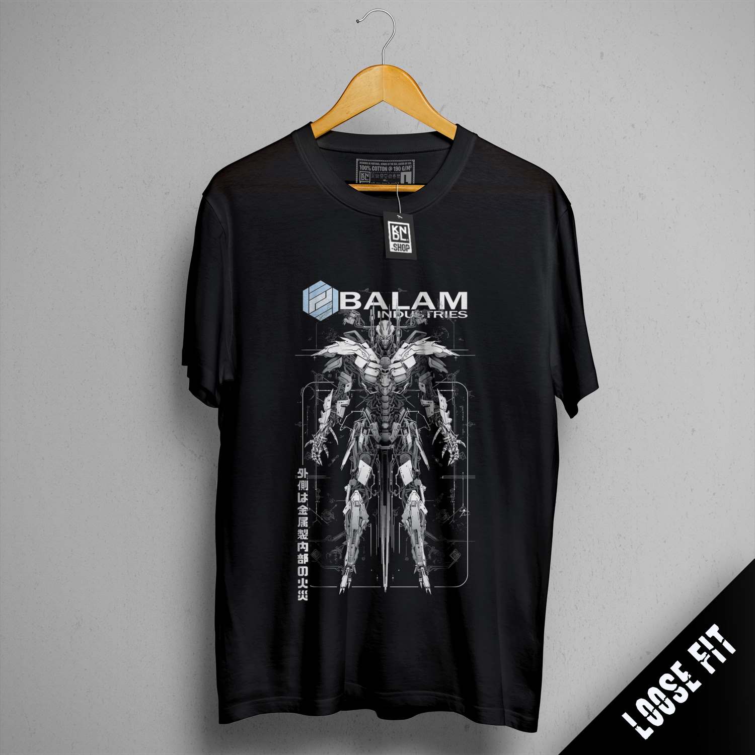 a black shirt with a picture of a robot on it